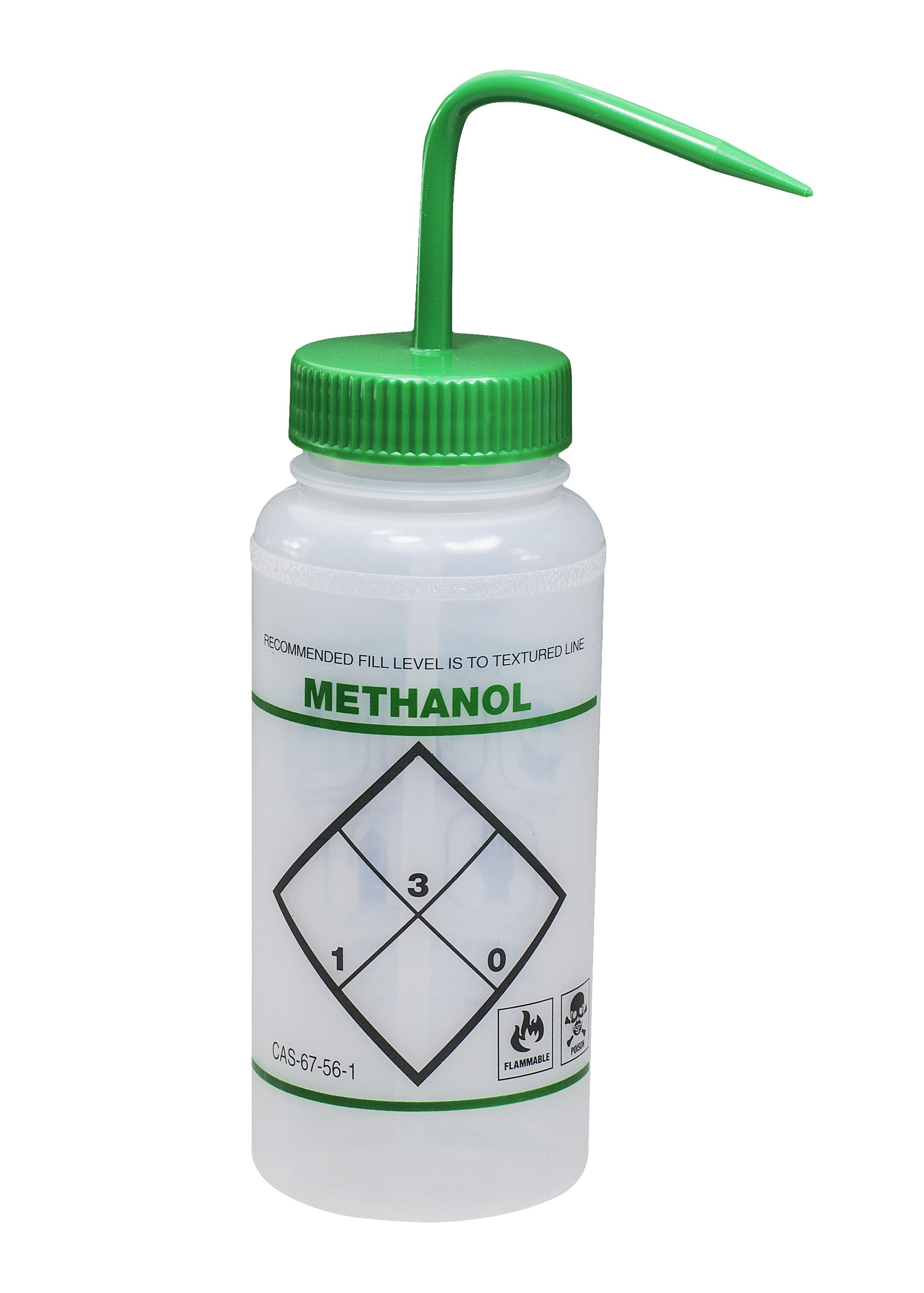 SP Bel-Art Safety-Labeled 2-Color Methanol Wide-Mouth Wash Bottles; 500ml (16oz), Polyethylene w/Green Polypropylene Cap (Pack of 6)