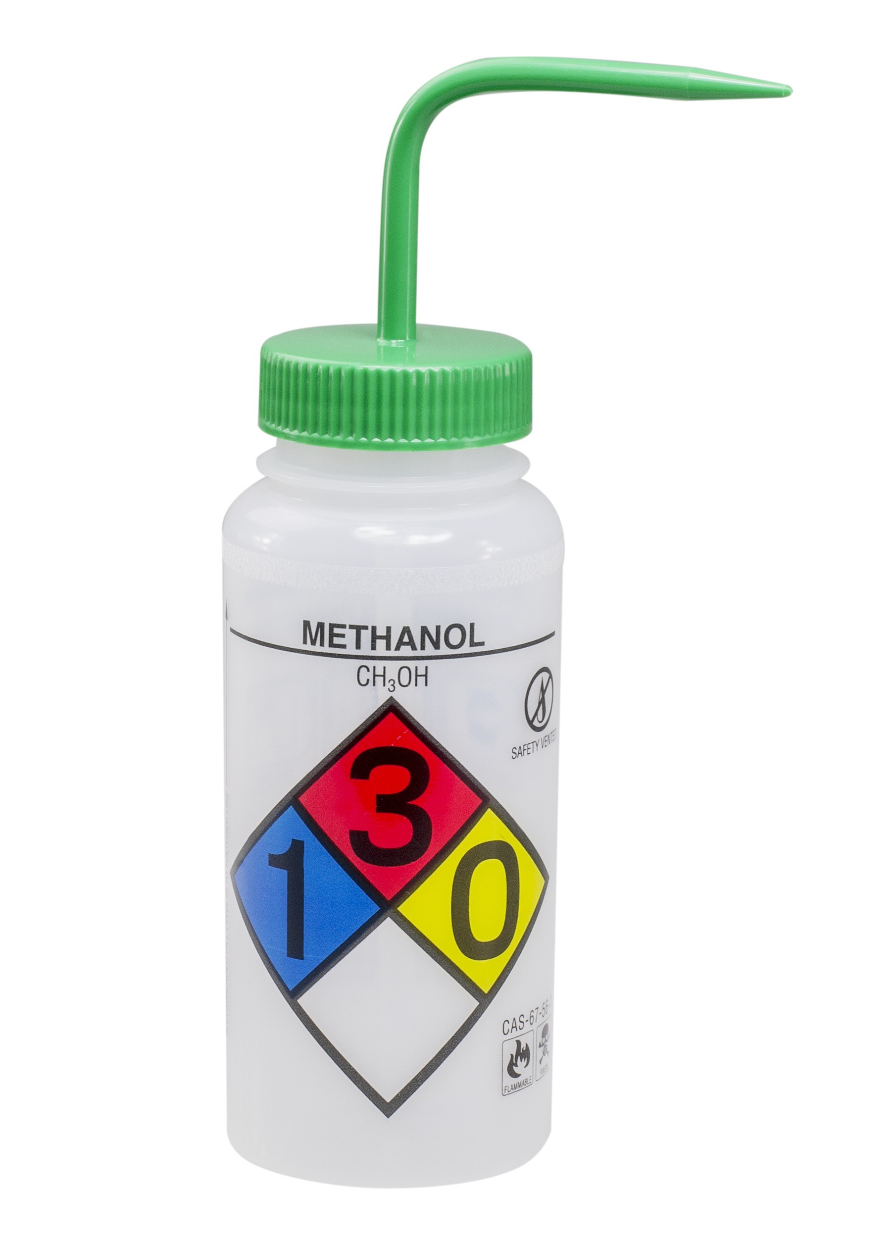 SP Bel-Art Right-to-Know Safety-Vented / Labeled 4-Color Methanol Wide-Mouth Wash Bottles; 500ml (16oz), Polyethylene w/Green Polypropylene Cap (Pack of 4)