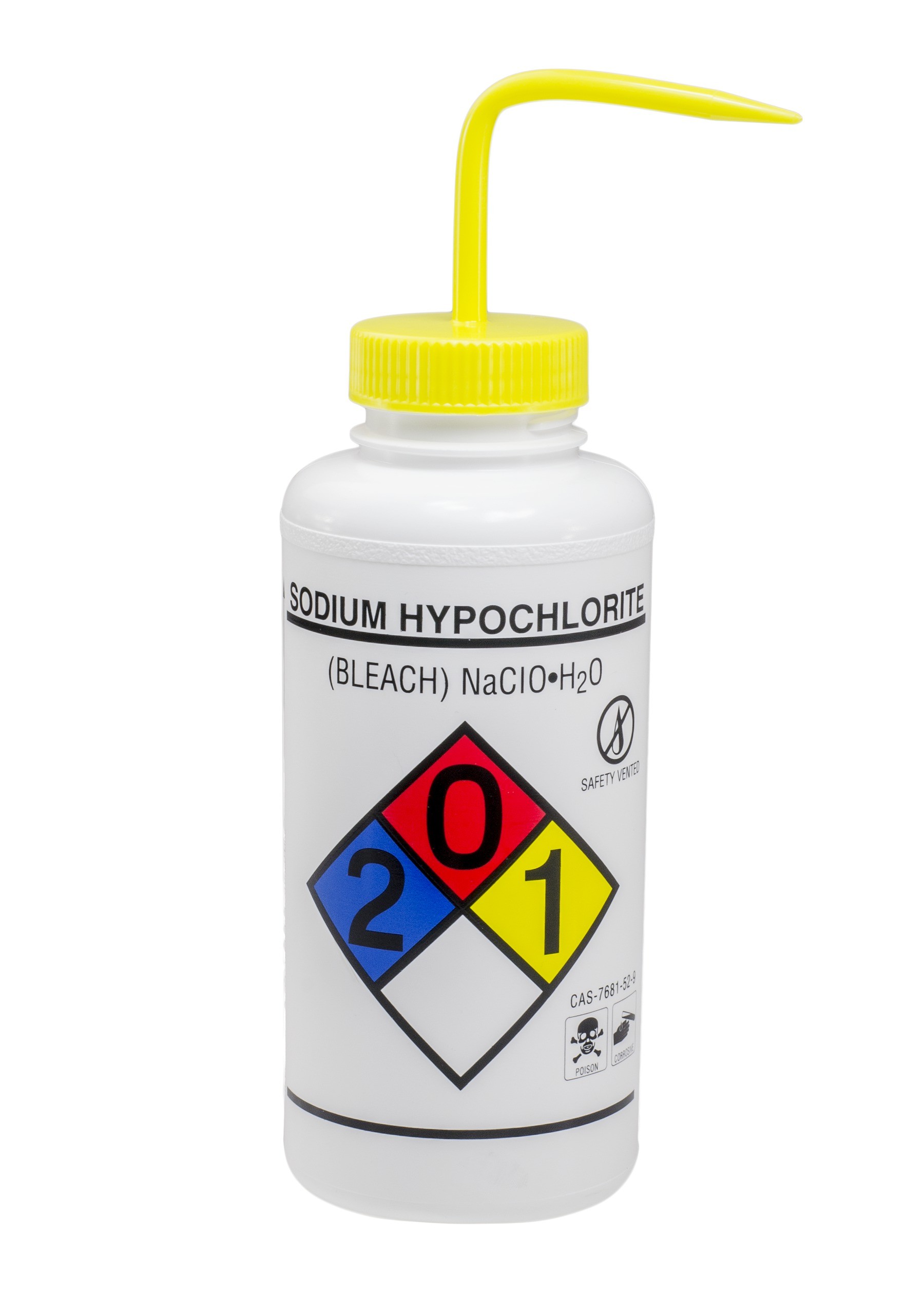 SP Bel-Art Right-to-Know Safety-Vented / Labeled 4-Color Sodium Hypochlorite (Bleach) Wide-Mouth Wash Bottles; 1000ml (32oz), Polyethylene w/Yellow Polypropylene Cap (Pack of 2)