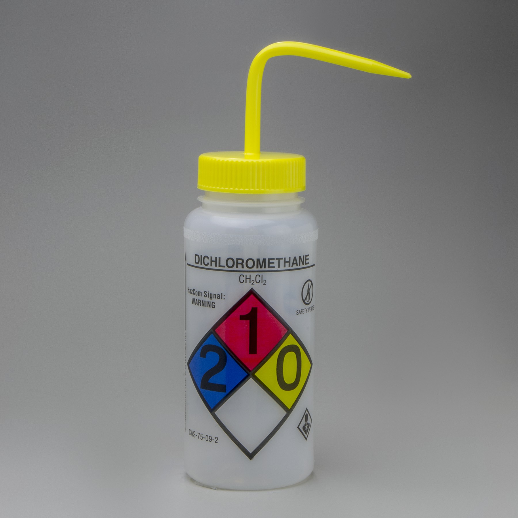 SP Bel-Art GHS Labeled Safety-Vented Dichloromethane Wash Bottles; 500ml (16oz), Polyethylene w/Yellow Polypropylene Cap (Pack of 4)