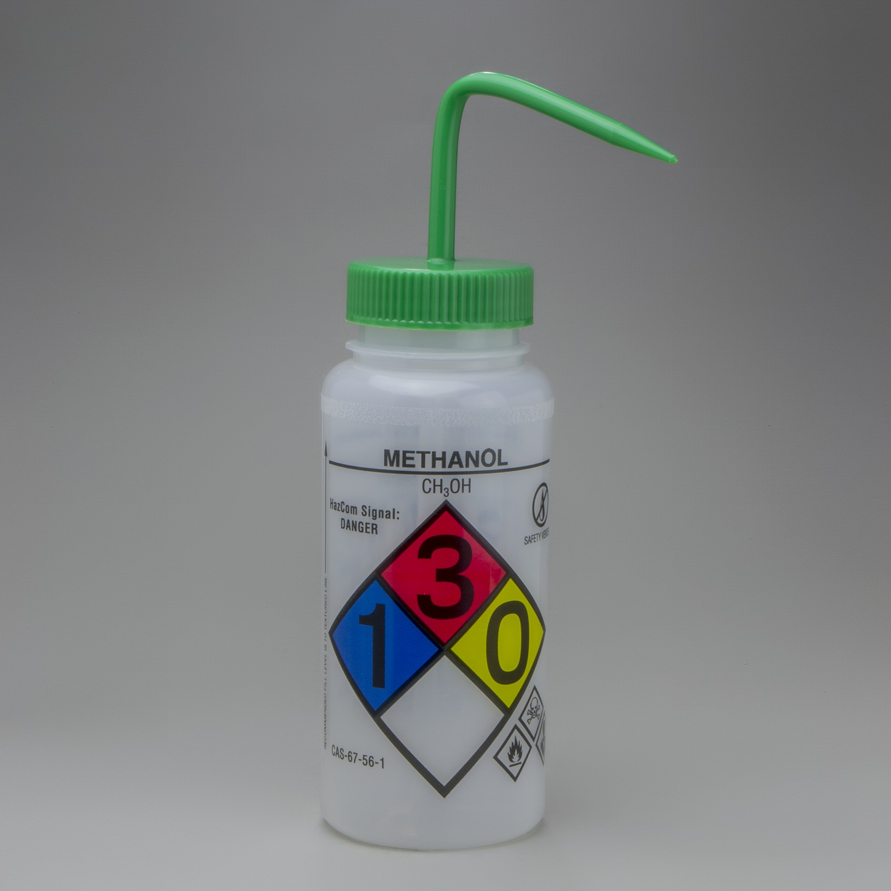 SP Bel-Art GHS Labeled Safety-Vented Methanol Wash Bottles; 500ml (16oz), Polyethylene w/Green Polypropylene Cap (Pack of 4)