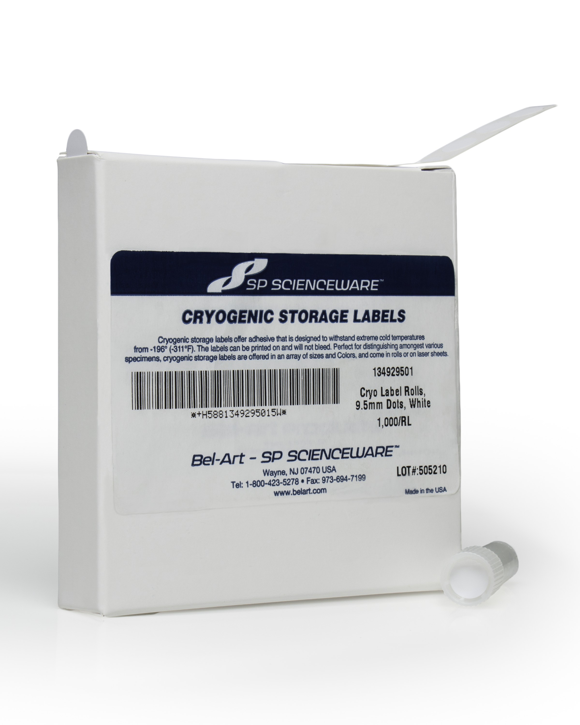 SP Bel-Art Cryogenic Storage Labels; Roll of 9.5mm Dots for 0.5-1.5ml Tubes, White (1000 labels)