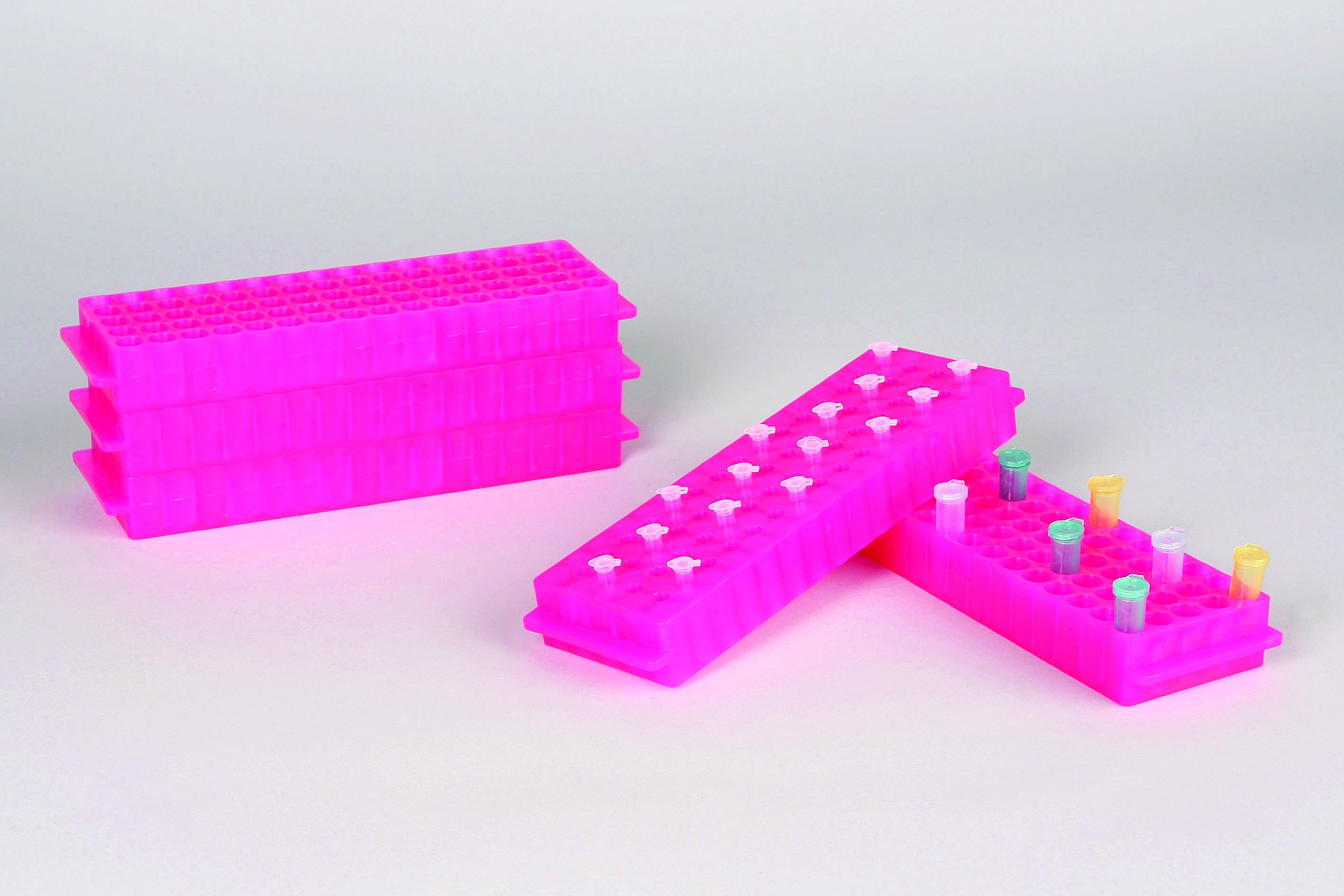 SP Bel-Art Reversible PCR and Microcentrifuge Tube Rack; For 0.2ml or 1.5-2.0ml Tubes, 80 Places, Fluorescent Pink (Pack of 5)