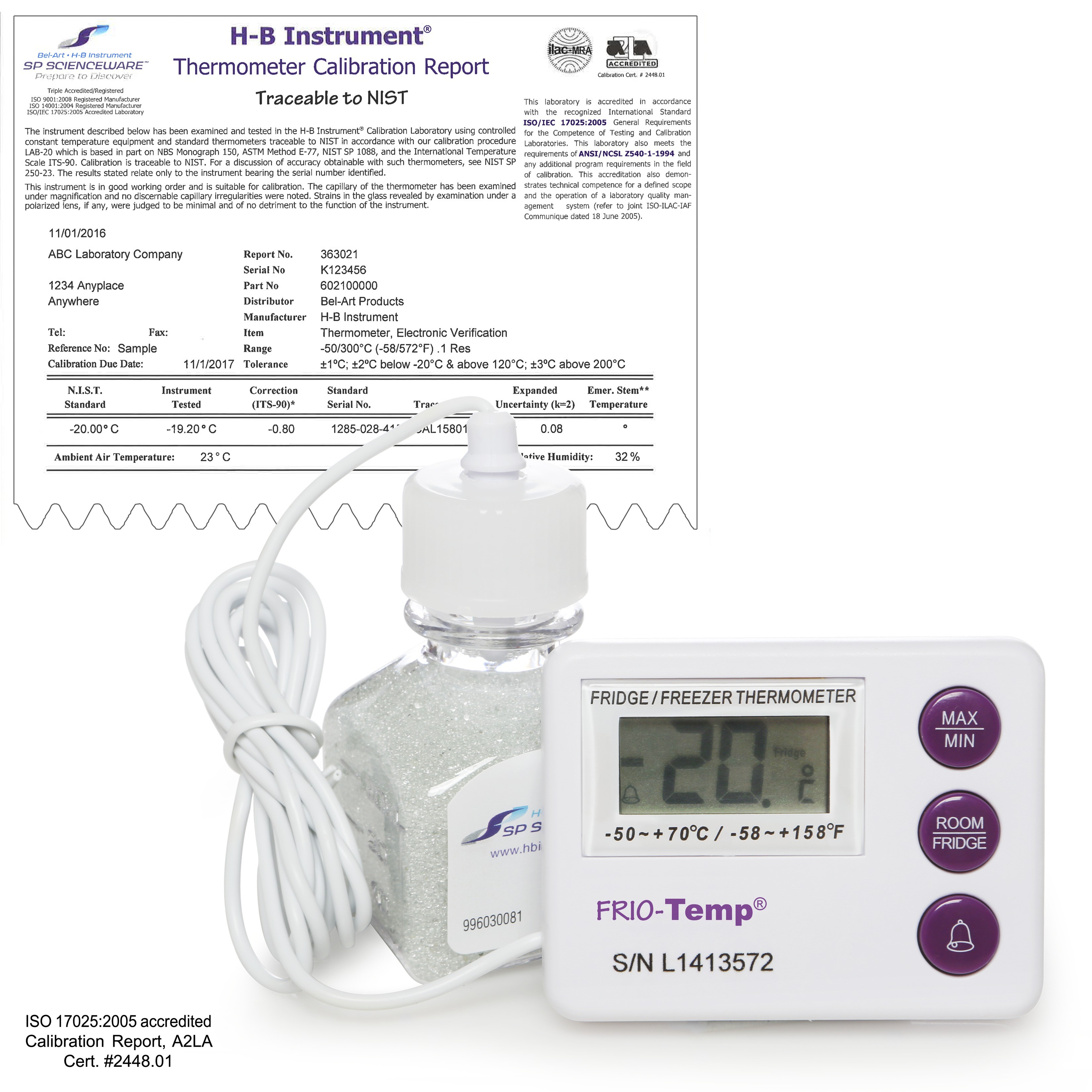 SP Bel-Art, H-B Frio Temp Calibrated Dual Zone Electronic Verification Thermometer; -50/70C (-58/158F) and -10/50C (14/122F), Freezer Calibration