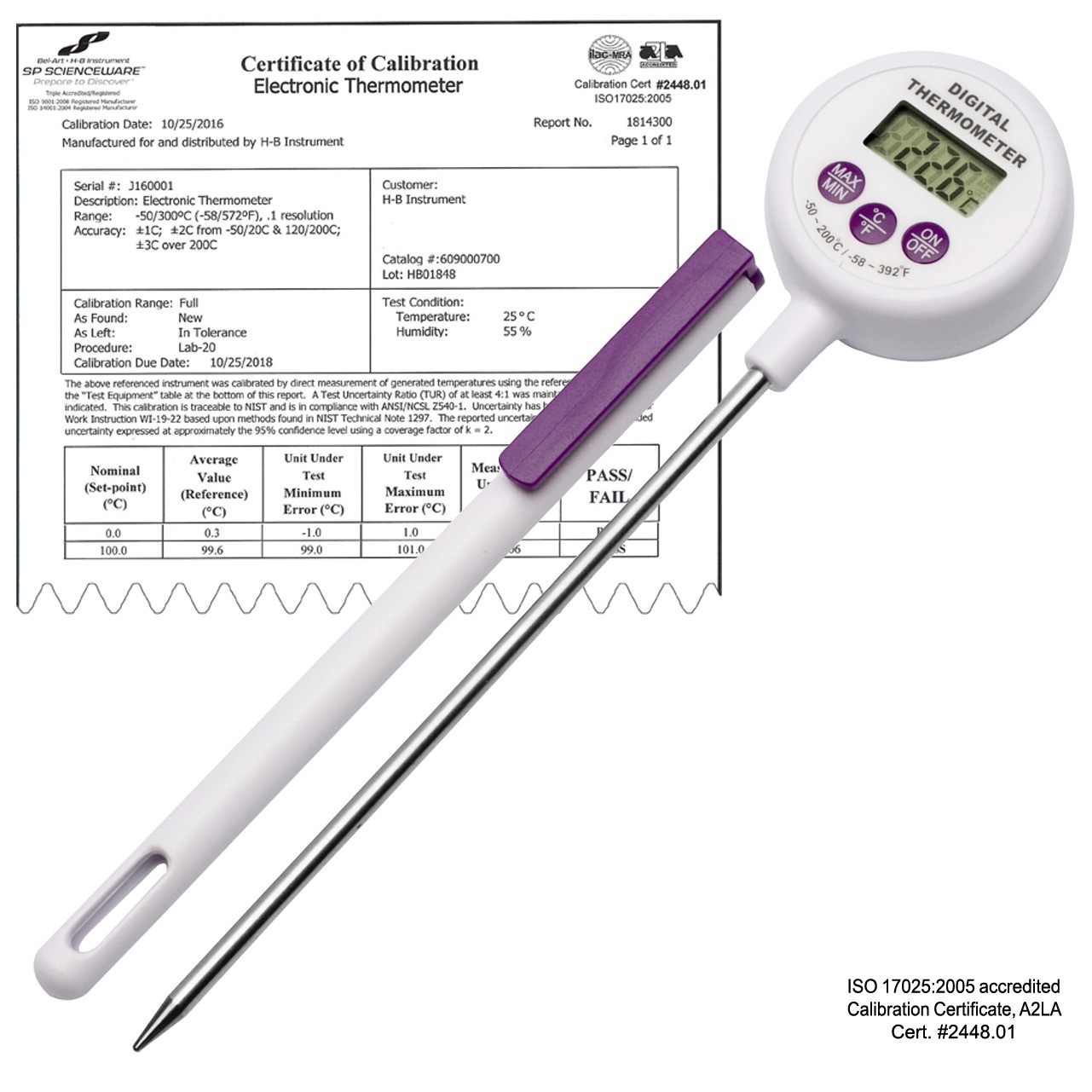 SP Bel-Art, H-B DURAC Calibrated Electronic Stainless Steel Stem Thermometer, -50/200C (-58/392F), 127mm (5 in.) Probe