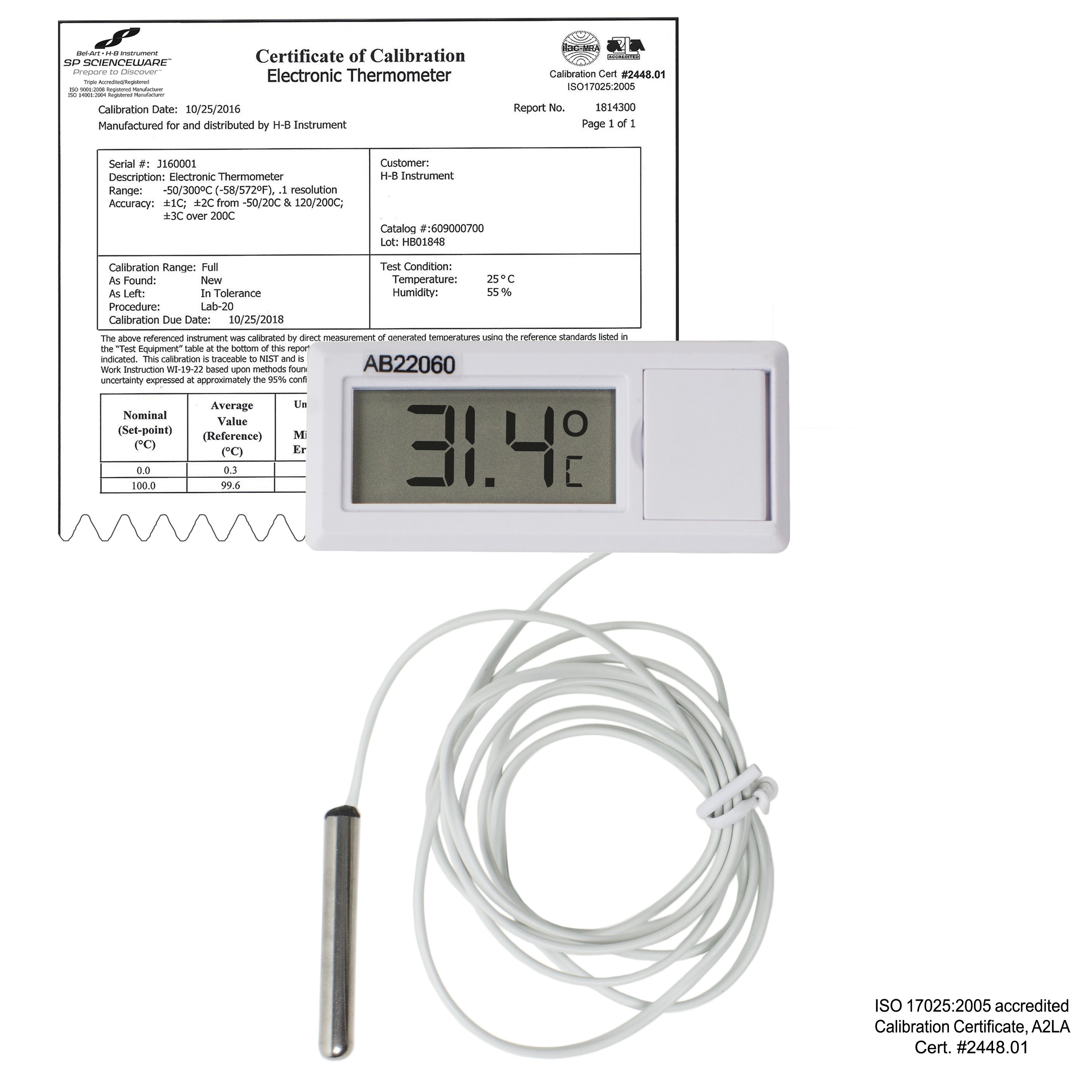 SP Bel-Art, H-B DURAC Calibrated Electronic Thermometer with Waterproof Sensor; -50/200C (-58/392F)