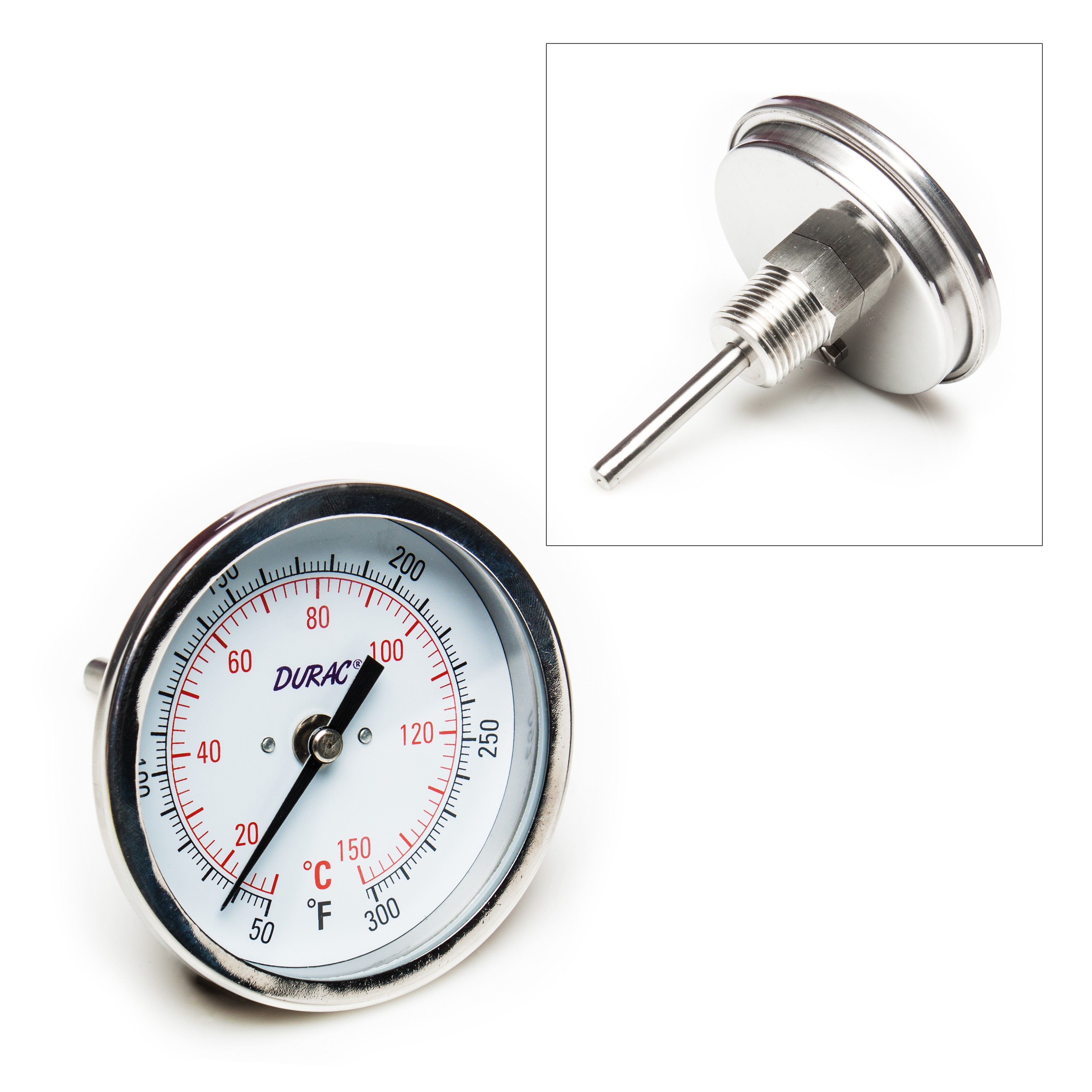 SP Bel-Art, H-B DURAC Bi-Metallic Dial Thermometer; 10 to 150C (50 to 300F), 1/2 in. NPT Threaded Connection, 75mm Dial