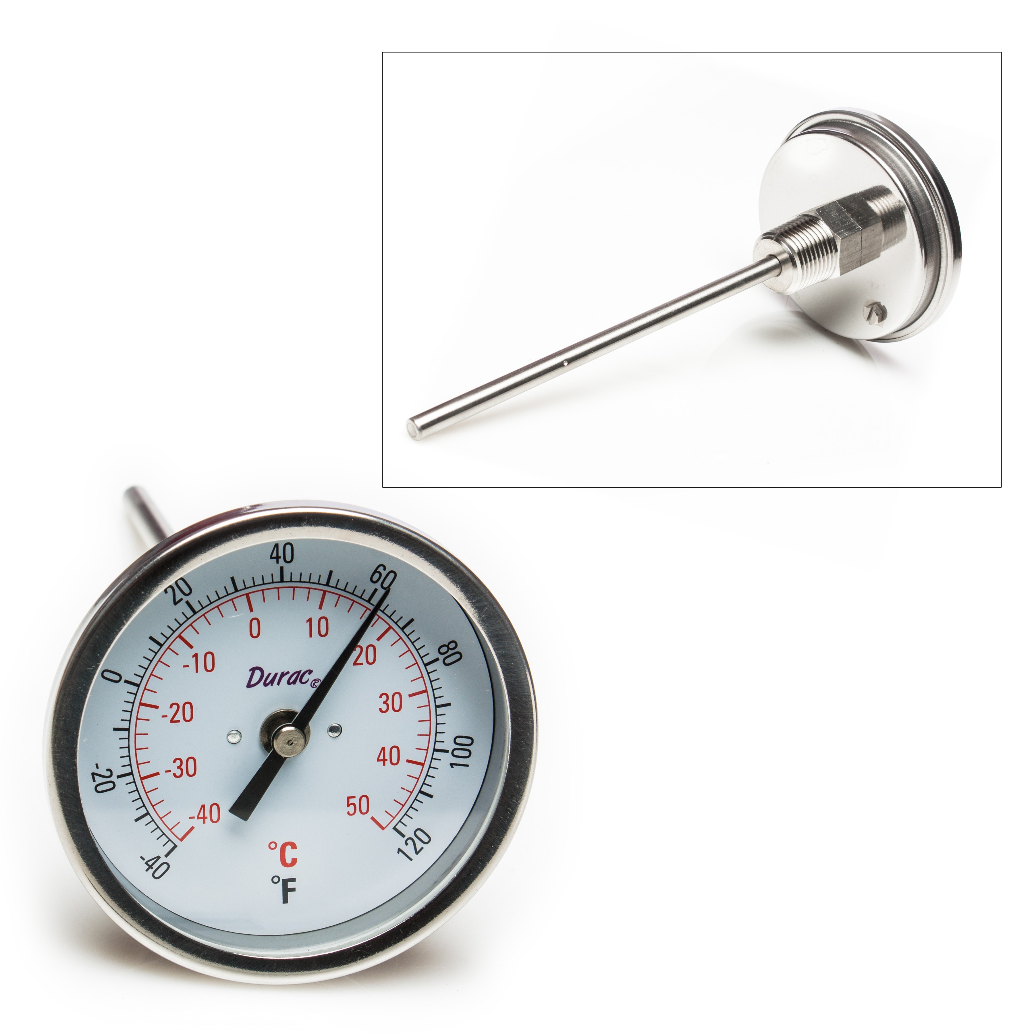SP Bel-Art, H-B DURAC Bi-Metallic Dial Thermometer; -40 to 50C (-40 to 120F), 1/2 in. NPT Threaded Connection, 75mm Dial