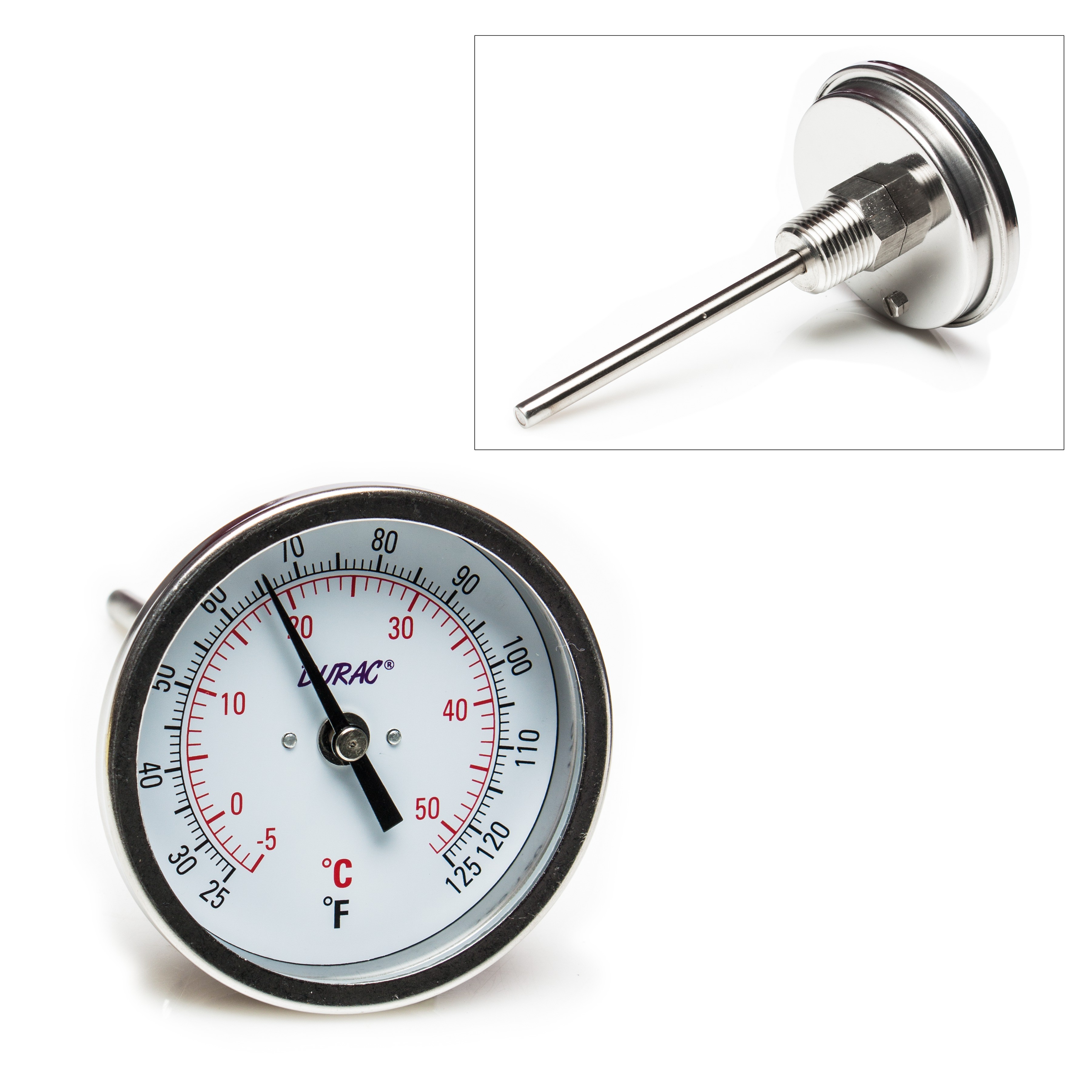 SP Bel-Art, H-B DURAC Bi-Metallic Dial Thermometer; 0 to 50C (25 to 125F), 1/2 in. NPT Threaded Connection, 75mm Dial