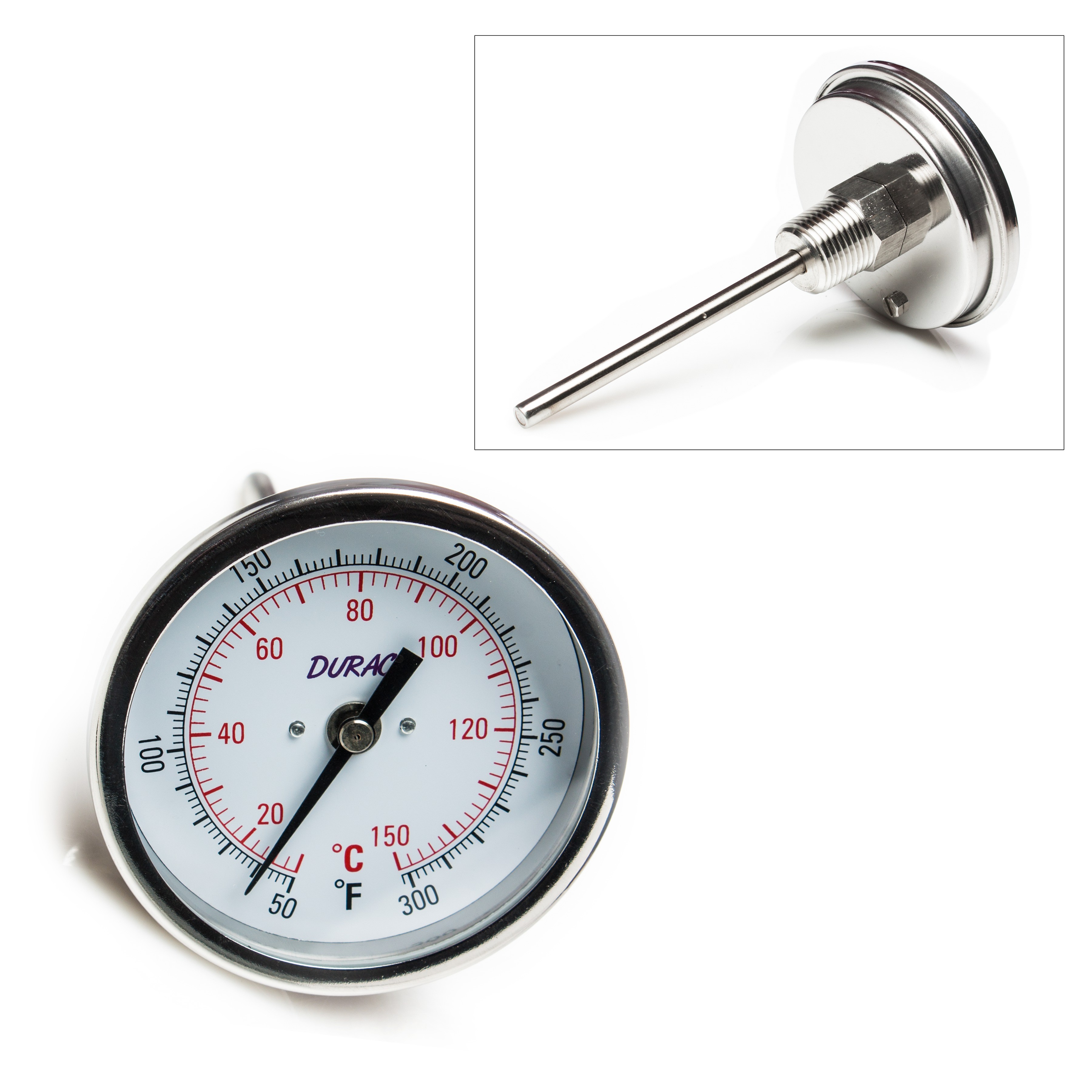 SP Bel-Art, H-B DURAC Bi-Metallic Dial Thermometer; 10 to 150C (50 to 300F), 1/2 in. NPT Threaded Connection, 75mm Dial