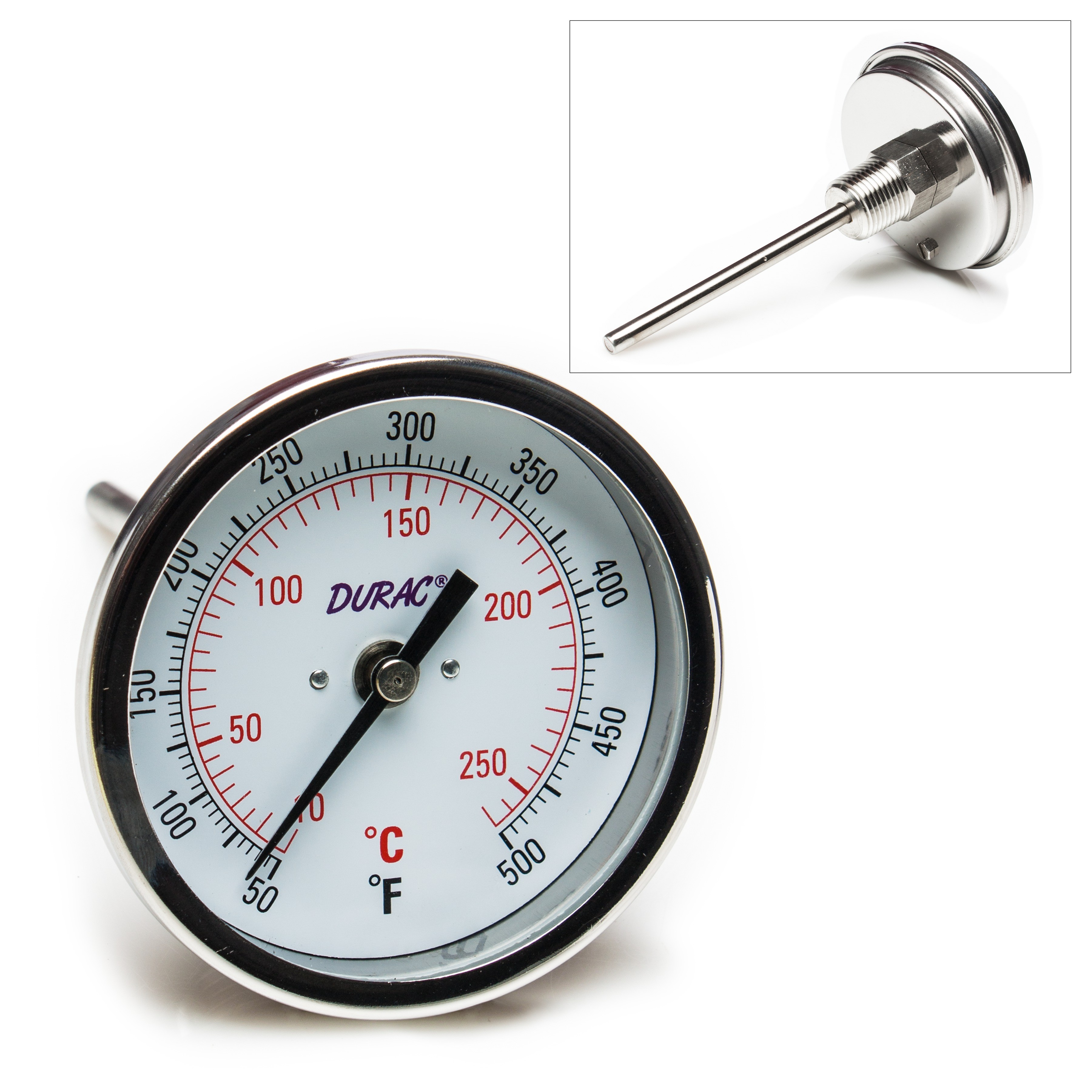 SP Bel-Art, H-B DURAC Bi-Metallic Dial Thermometer; 10 to 260C (50 to 500F), 1/2 in. NPT Threaded Connection, 75mm Dial