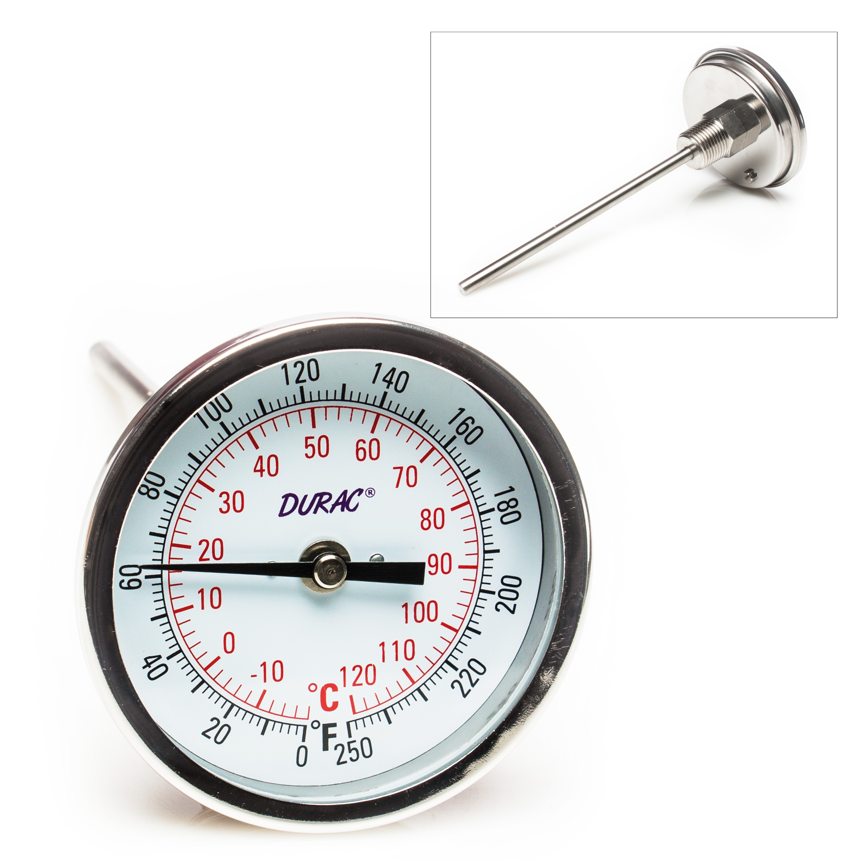 SP Bel-Art, H-B DURAC Bi-Metallic Dial Thermometer; -20 to 120C (0 to 250F), 1/2 in. NPT Threaded Connection, 75mm Dial