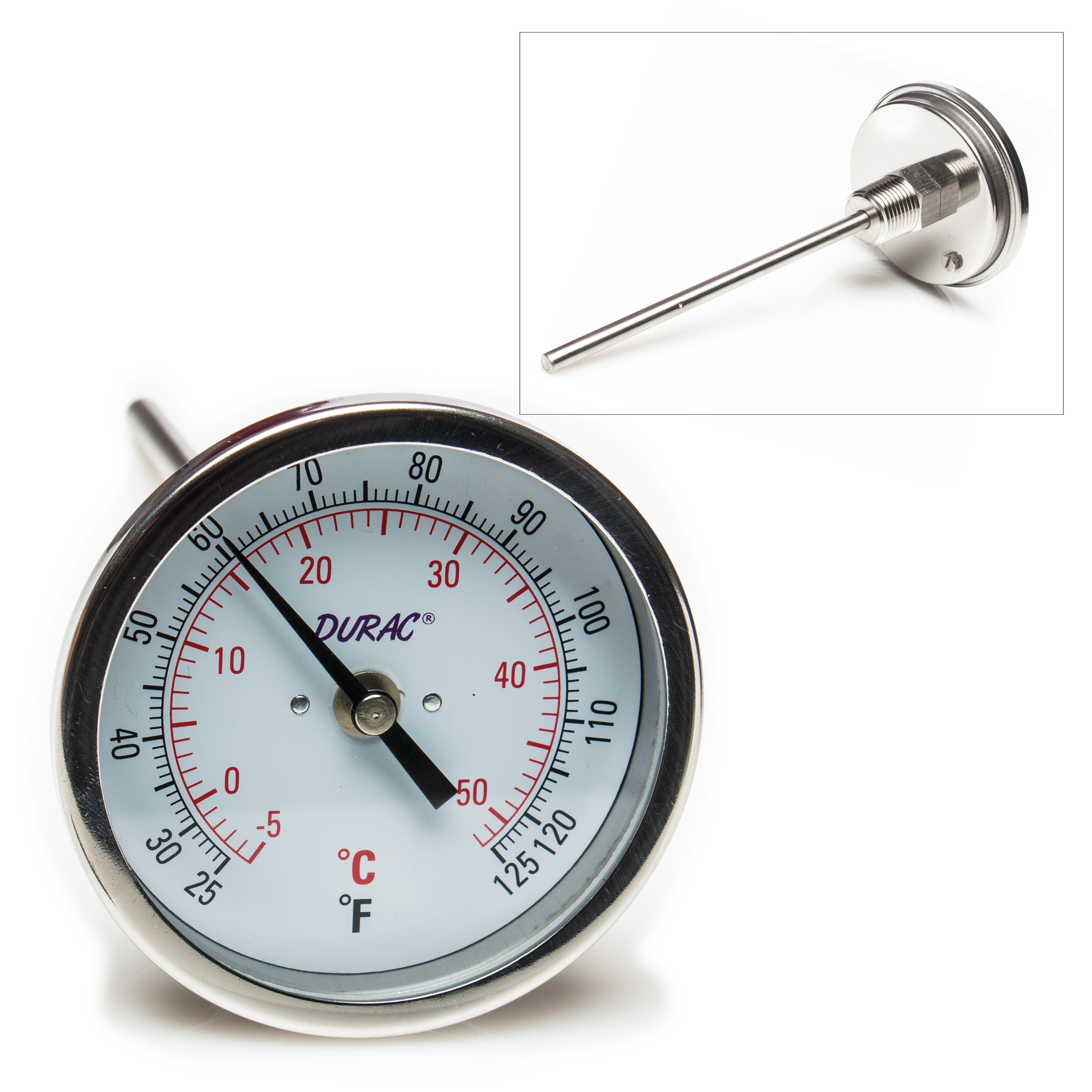 SP Bel-Art, H-B DURAC Bi-Metallic Dial Thermometer; 0 to 50C (25 to 125F), 1/2 in. NPT Threaded Connection, 75mm Dial