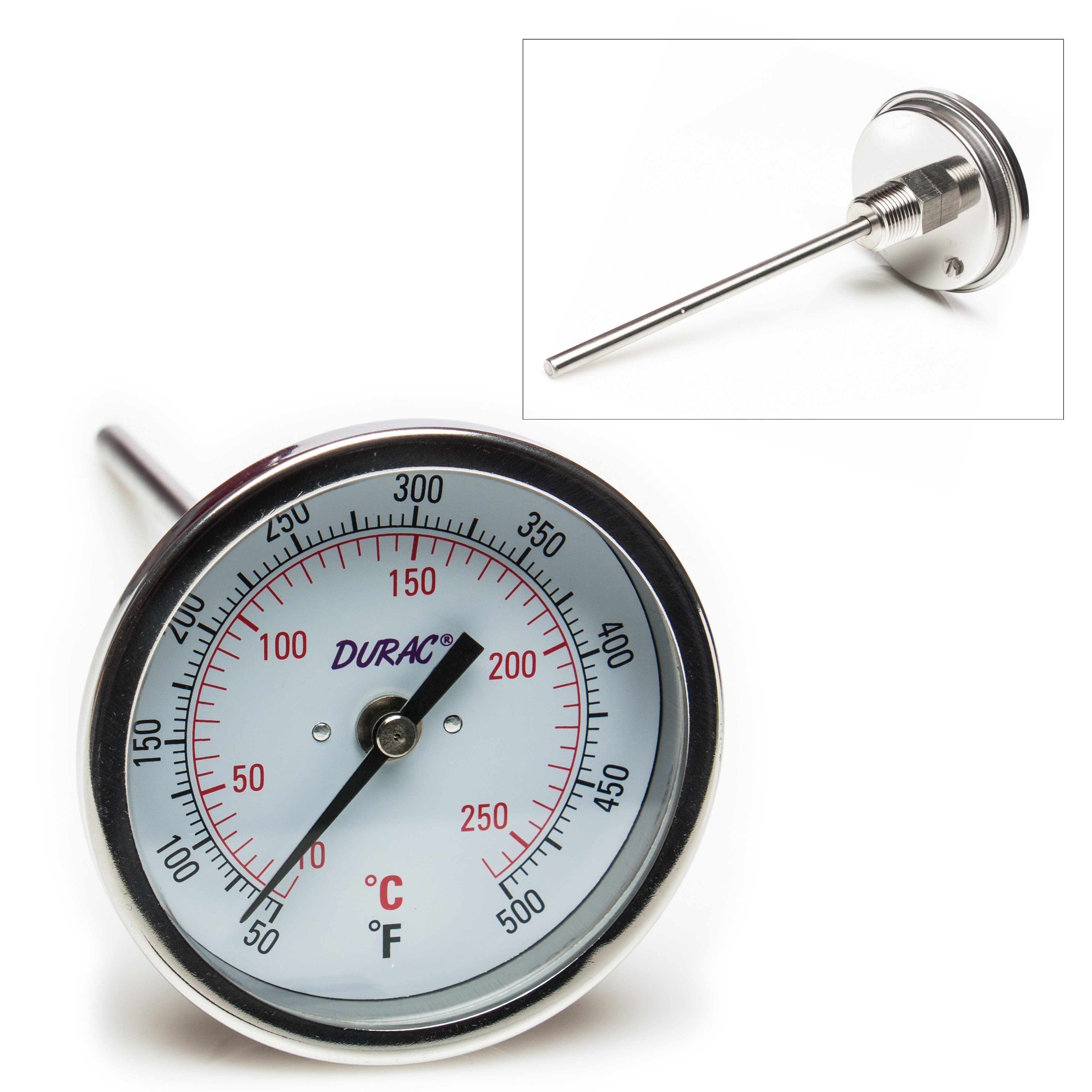 SP Bel-Art, H-B DURAC Bi-Metallic Dial Thermometer; 10 to 260C (50 to 500F), 1/2 in. NPT Threaded Connection, 75mm Dial
