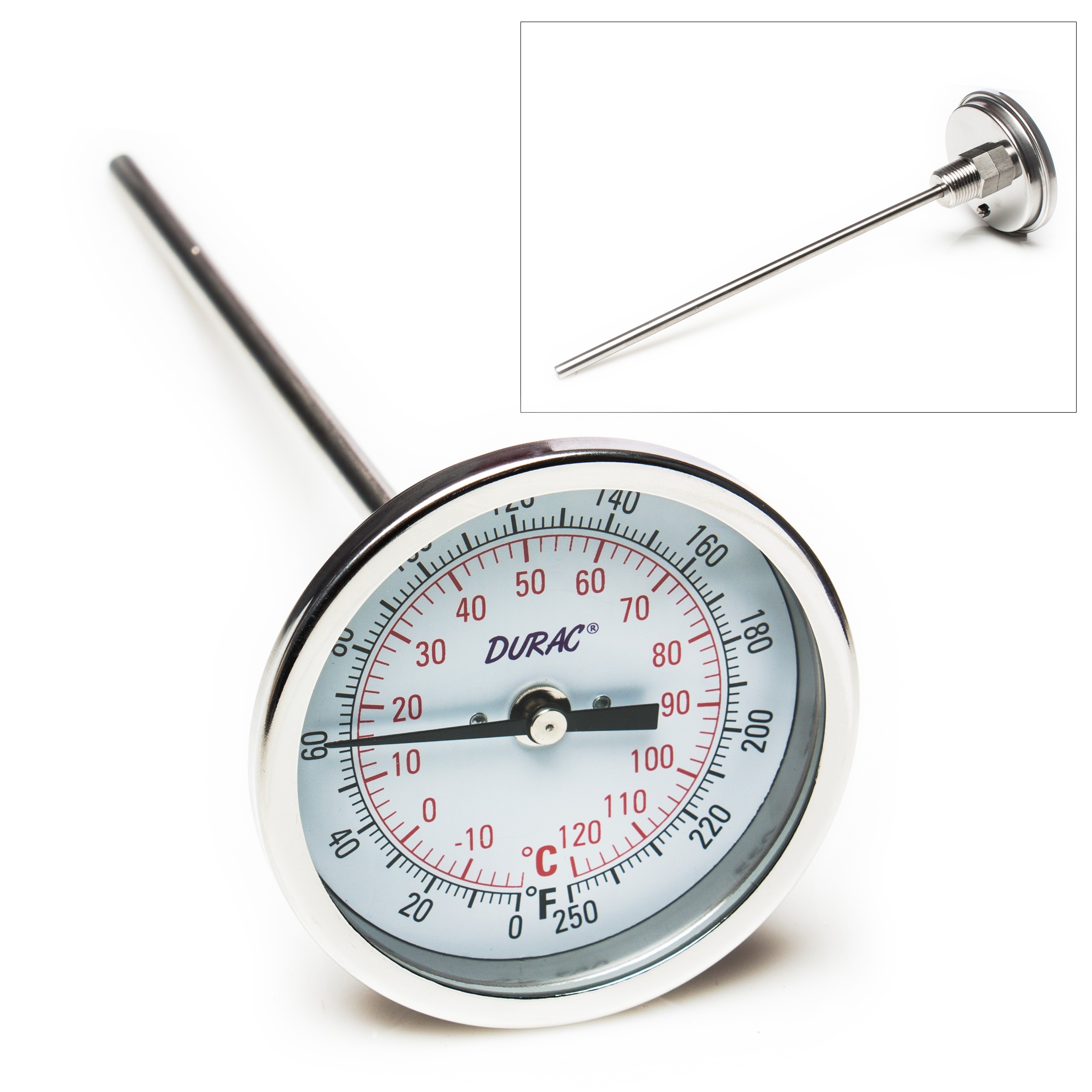 SP Bel-Art, H-B DURAC Bi-Metallic Dial Thermometer; -20 to 120C (0 to 250F), 1/2 in. NPT Threaded Connection, 75mm Dial