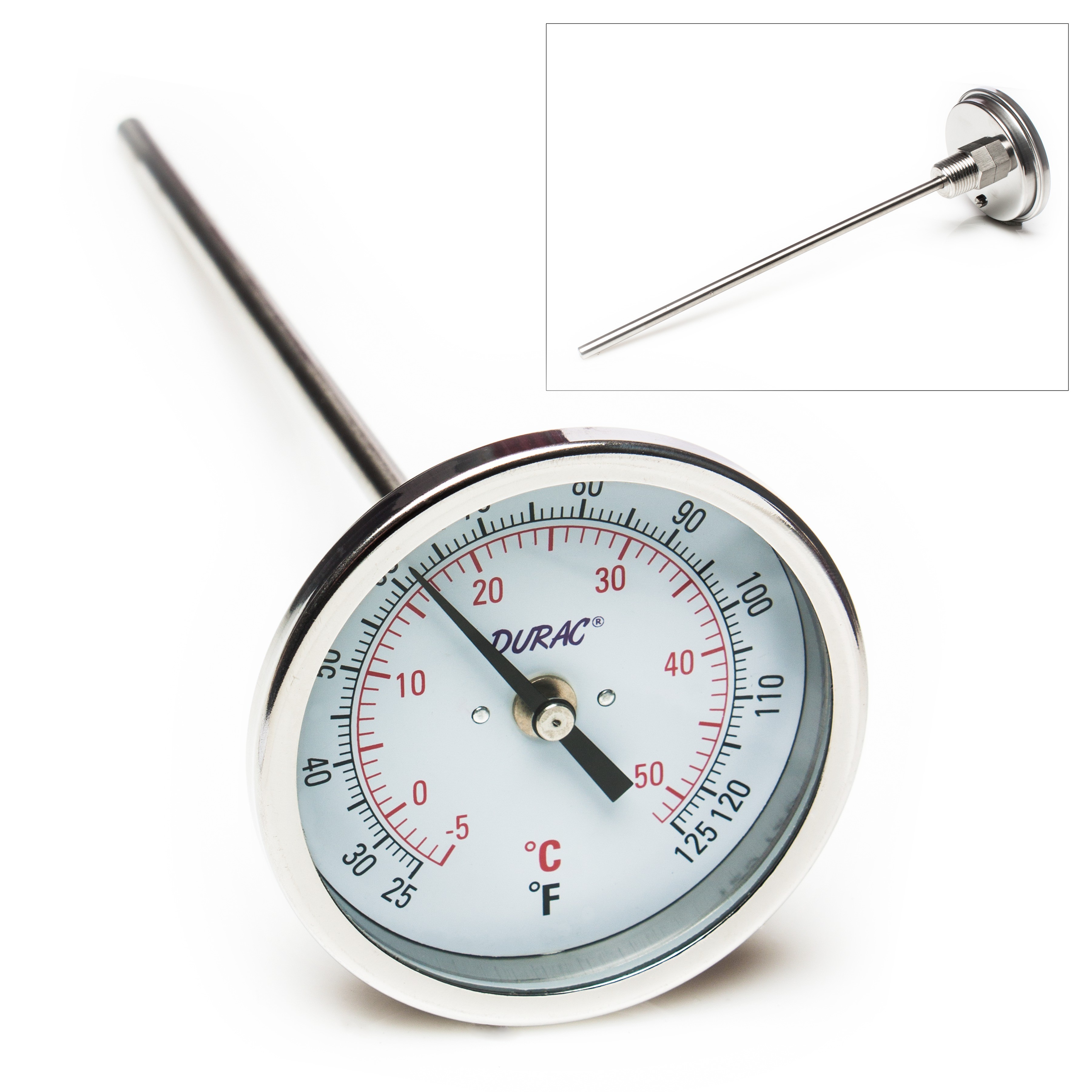SP Bel-Art, H-B DURAC Bi-Metallic Dial Thermometer; 0 to 50C (25 to 125F), 1/2 in. NPT Threaded Connection, 75mm Dial