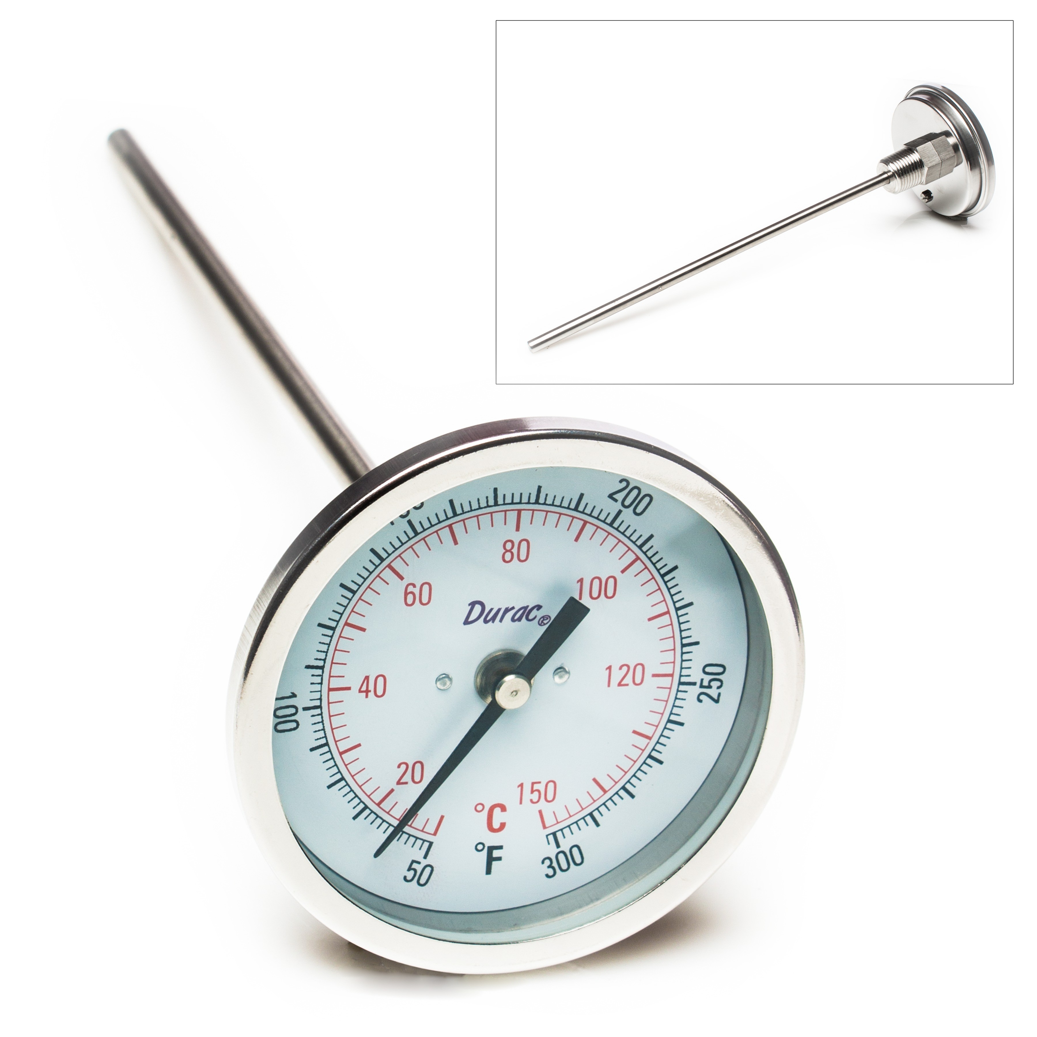 SP Bel-Art, H-B DURAC Bi-Metallic Dial Thermometer; 10 to 150C (50 to 300F), 1/2 in. NPT Threaded Connection, 75mm Dial