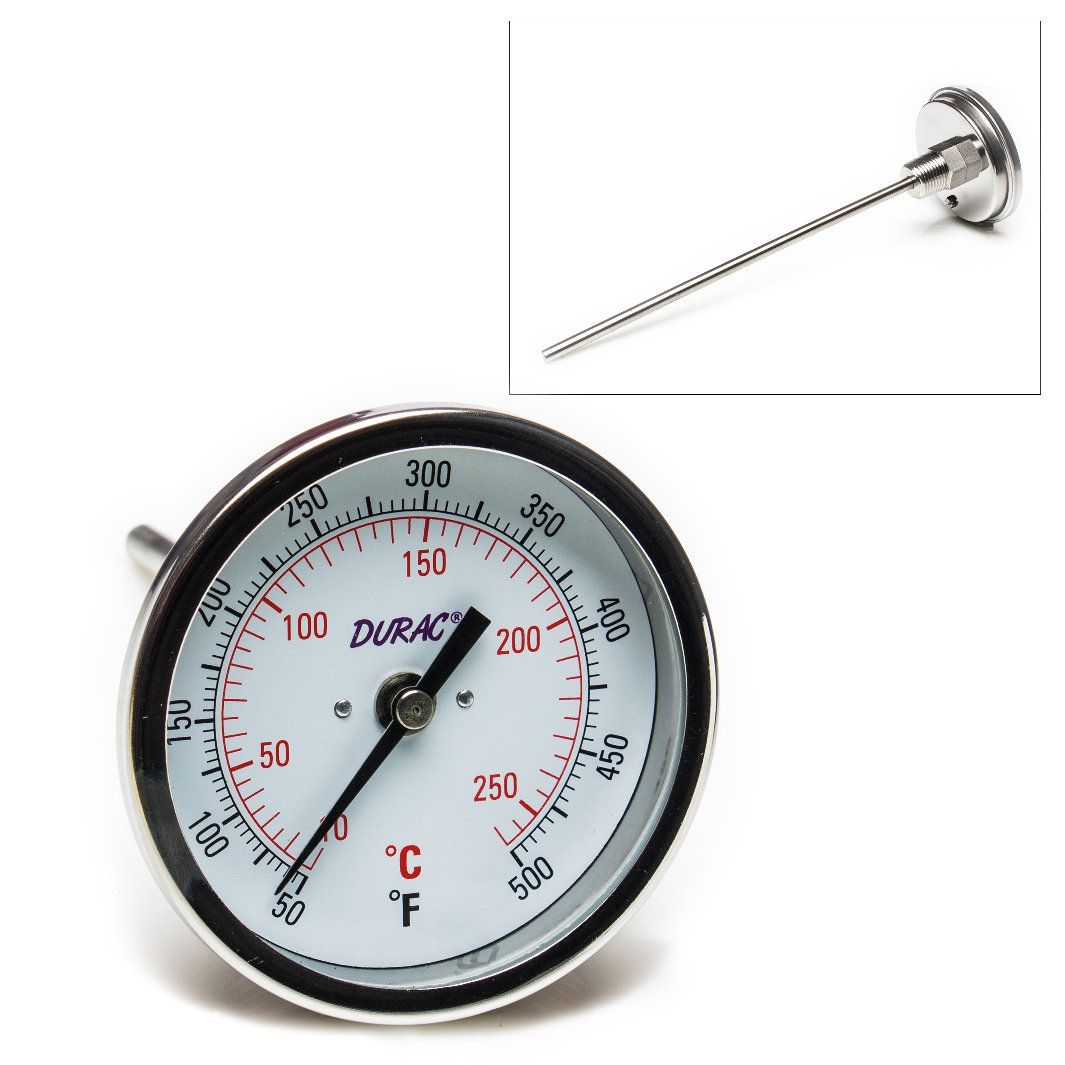 SP Bel-Art, H-B DURAC Bi-Metallic Dial Thermometer; 10 to 260C (50 to 500F), 1/2 in. NPT Threaded Connection, 75mm Dial