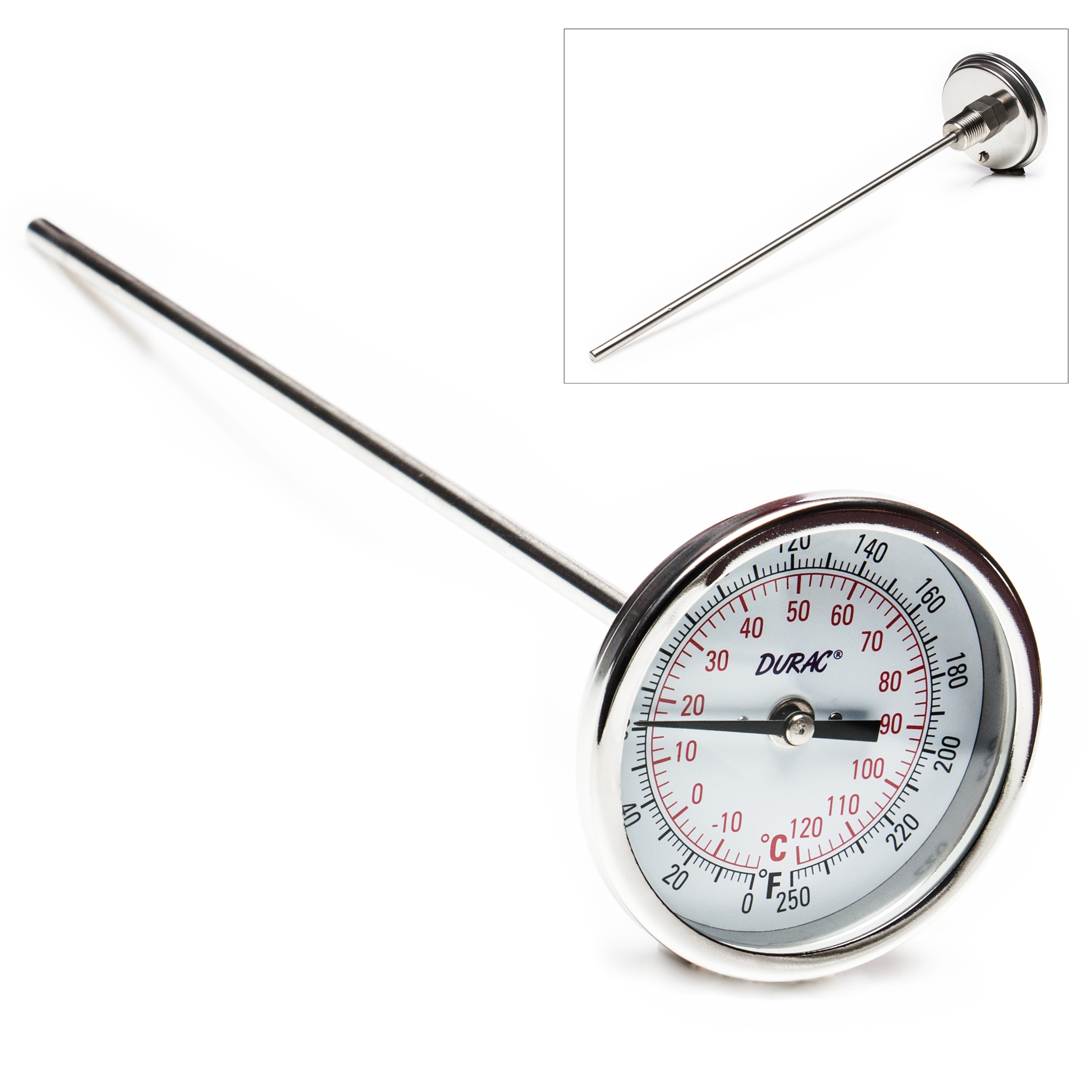 SP Bel-Art, H-B DURAC Bi-Metallic Dial Thermometer; -20 to 120C (0 to 250F), 1/2 in. NPT Threaded Connection, 75mm Dial