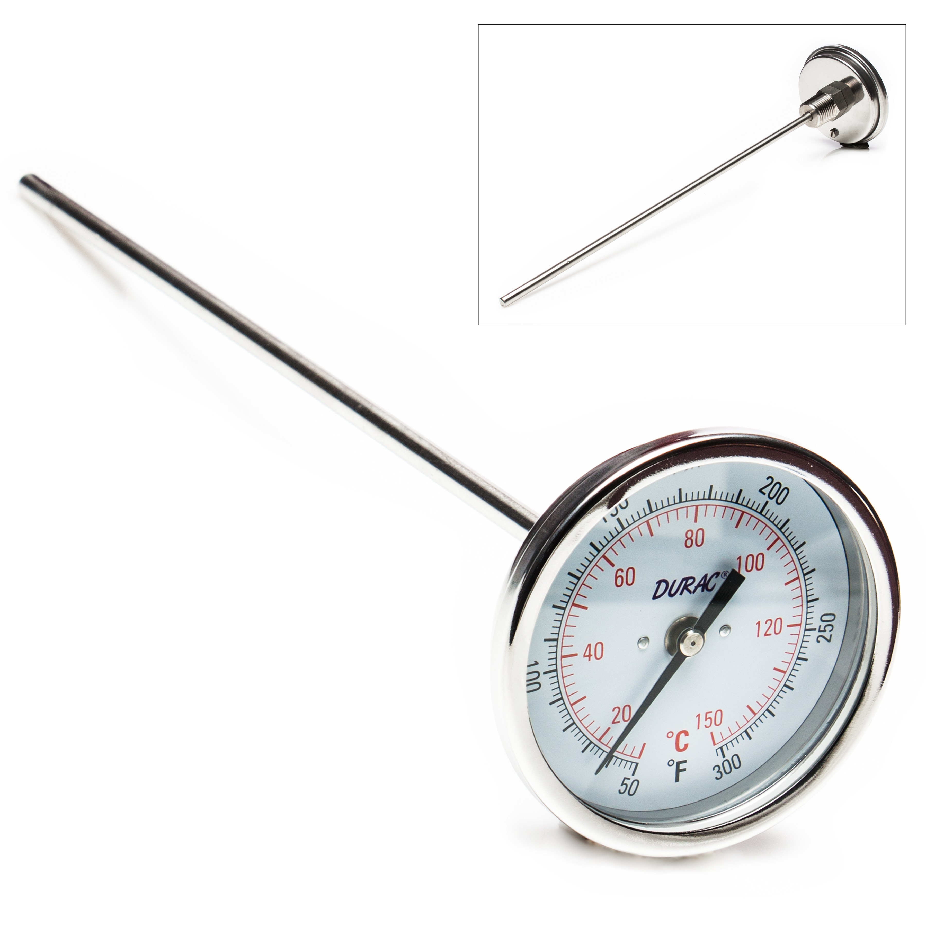 SP Bel-Art, H-B DURAC Bi-Metallic Dial Thermometer; 10 to 150C (50 to 300F), 1/2 in. NPT Threaded Connection, 75mm Dial