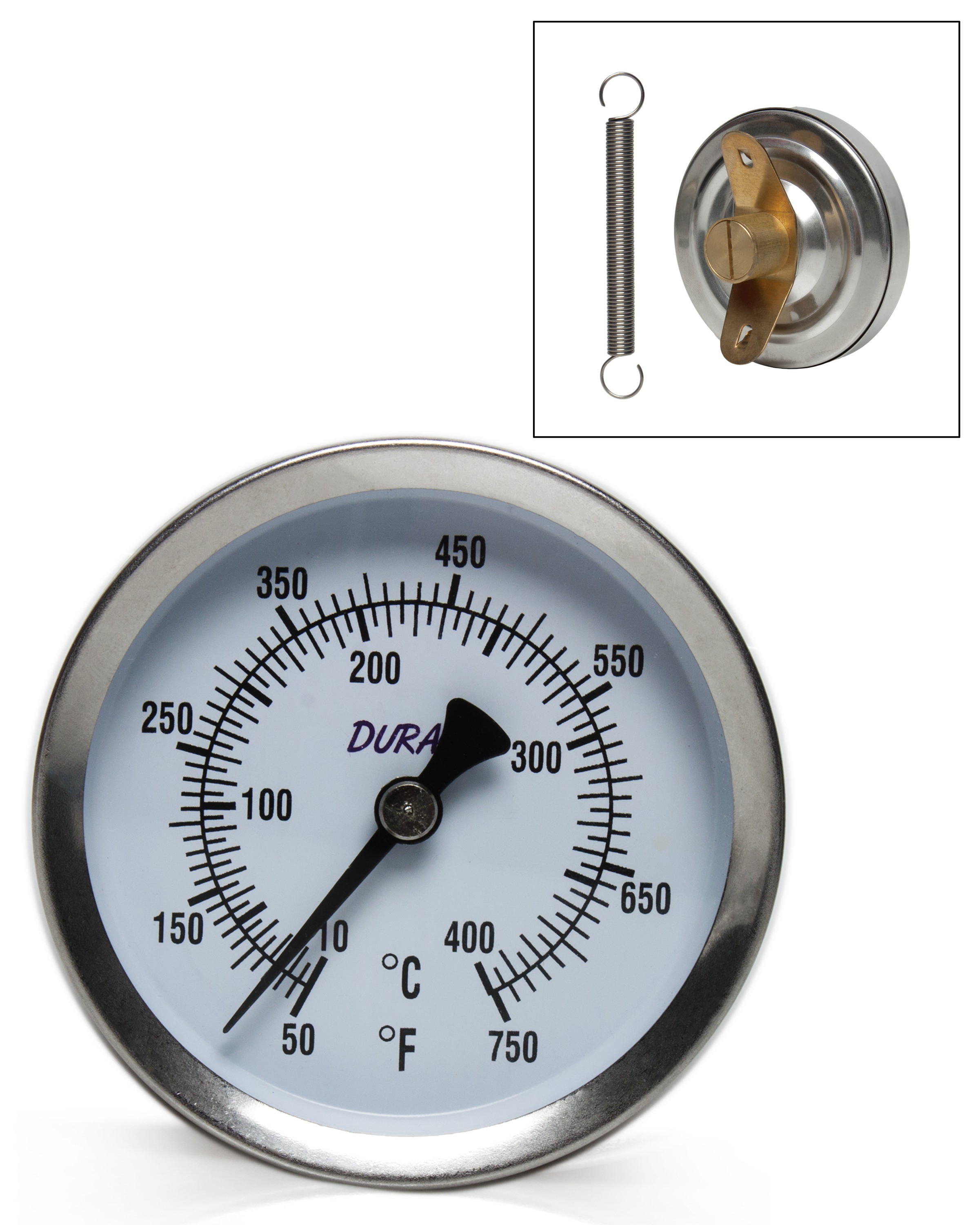 SP Bel-Art, H-B DURAC Bi-Metallic Surface Temperature Thermometer; 10/400C (50/750F), 50mm (2 in.) Dial, Single Thin Spring