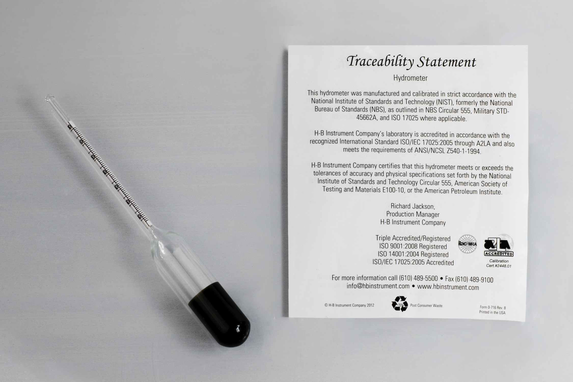H-B DURAC Urine Squibb Hydrometer; Traceable to NIST