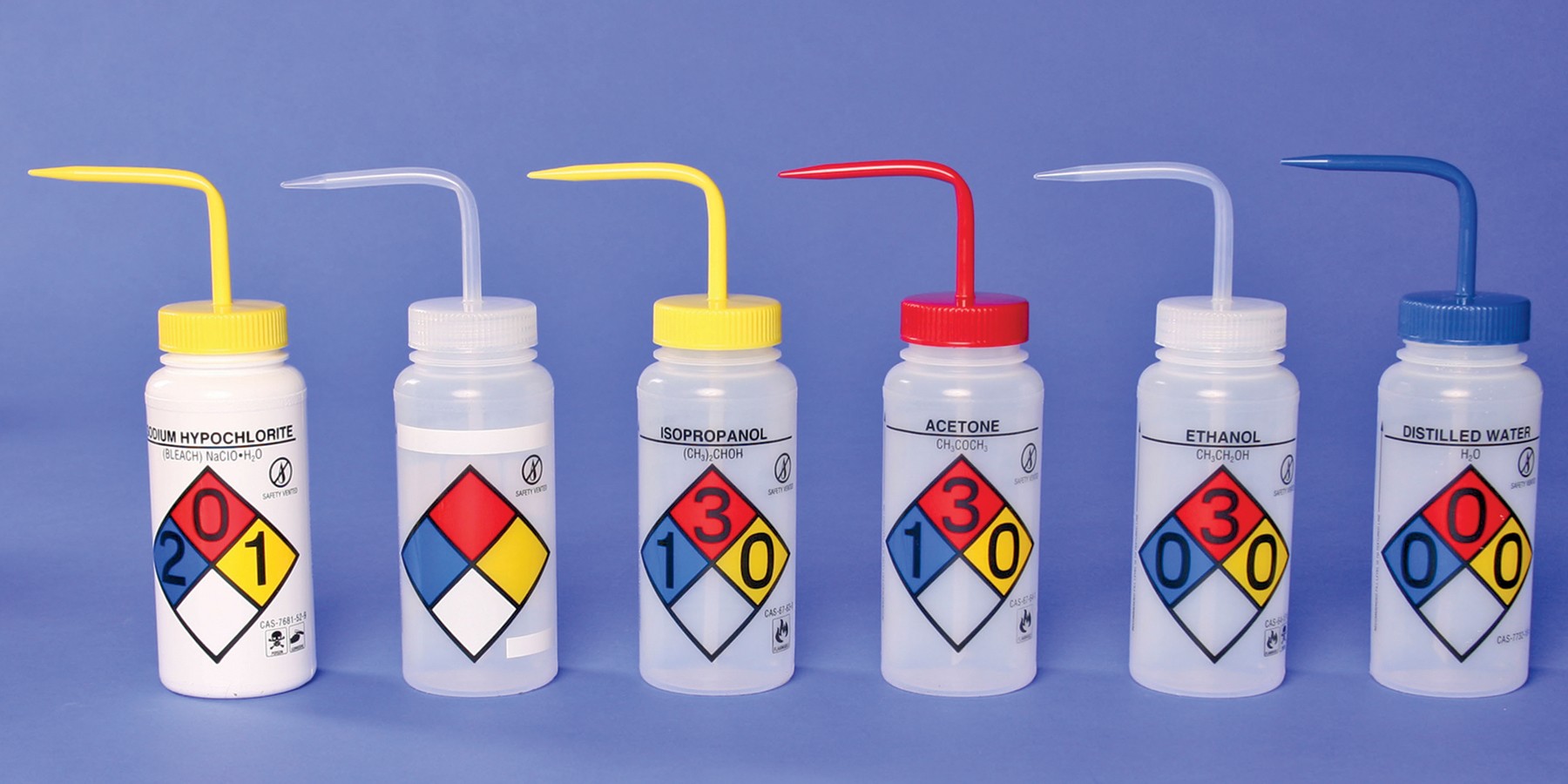 4-Color Wash Bottles – Right-to-Know, Safety-Vented and Safety-Labeled, Wide-Mouth