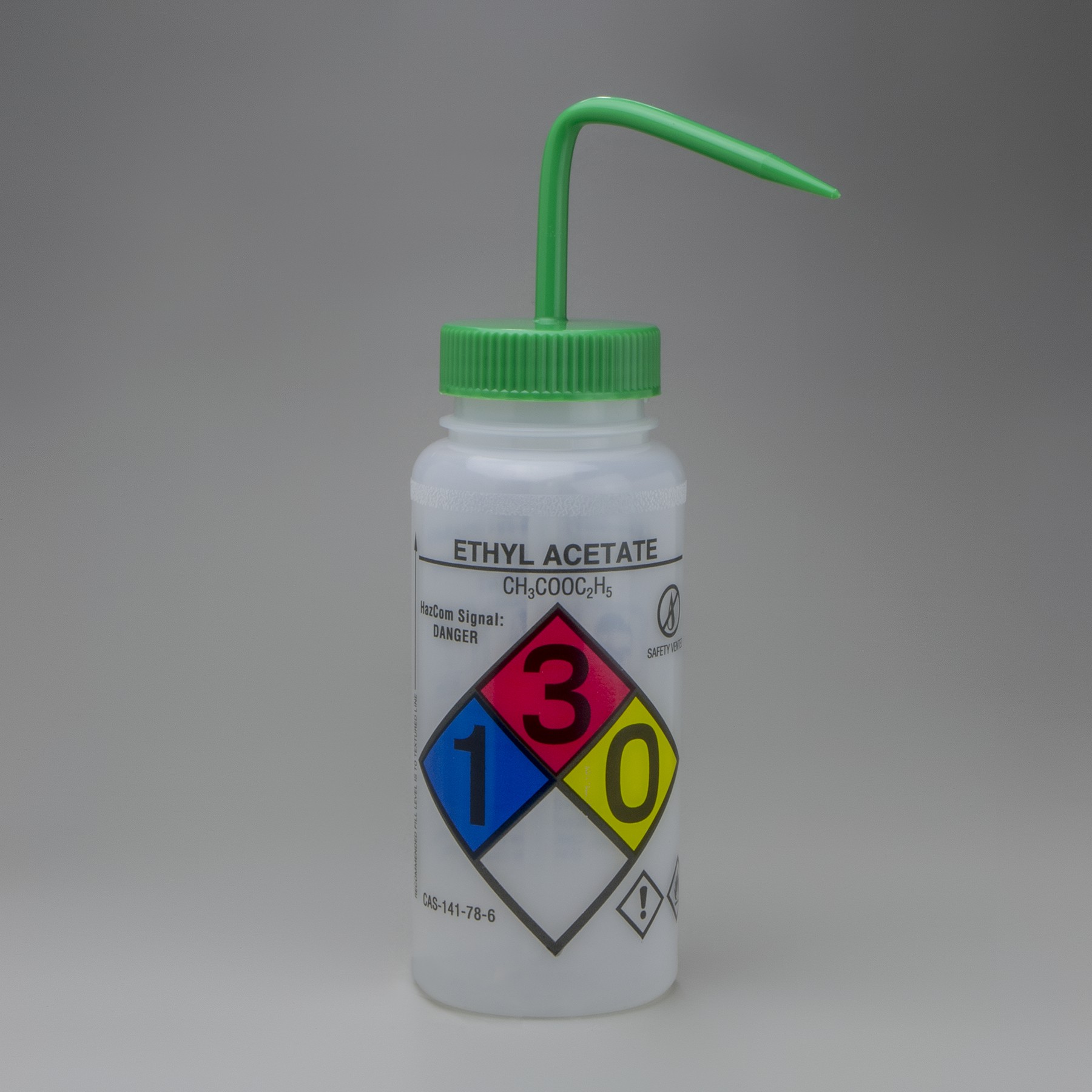 SP Bel-Art GHS Labeled Safety-Vented Ethyl Acetate Wash Bottles; 500ml (16oz), Polyethylene w/Green Polypropylene Cap (Pack of 4)