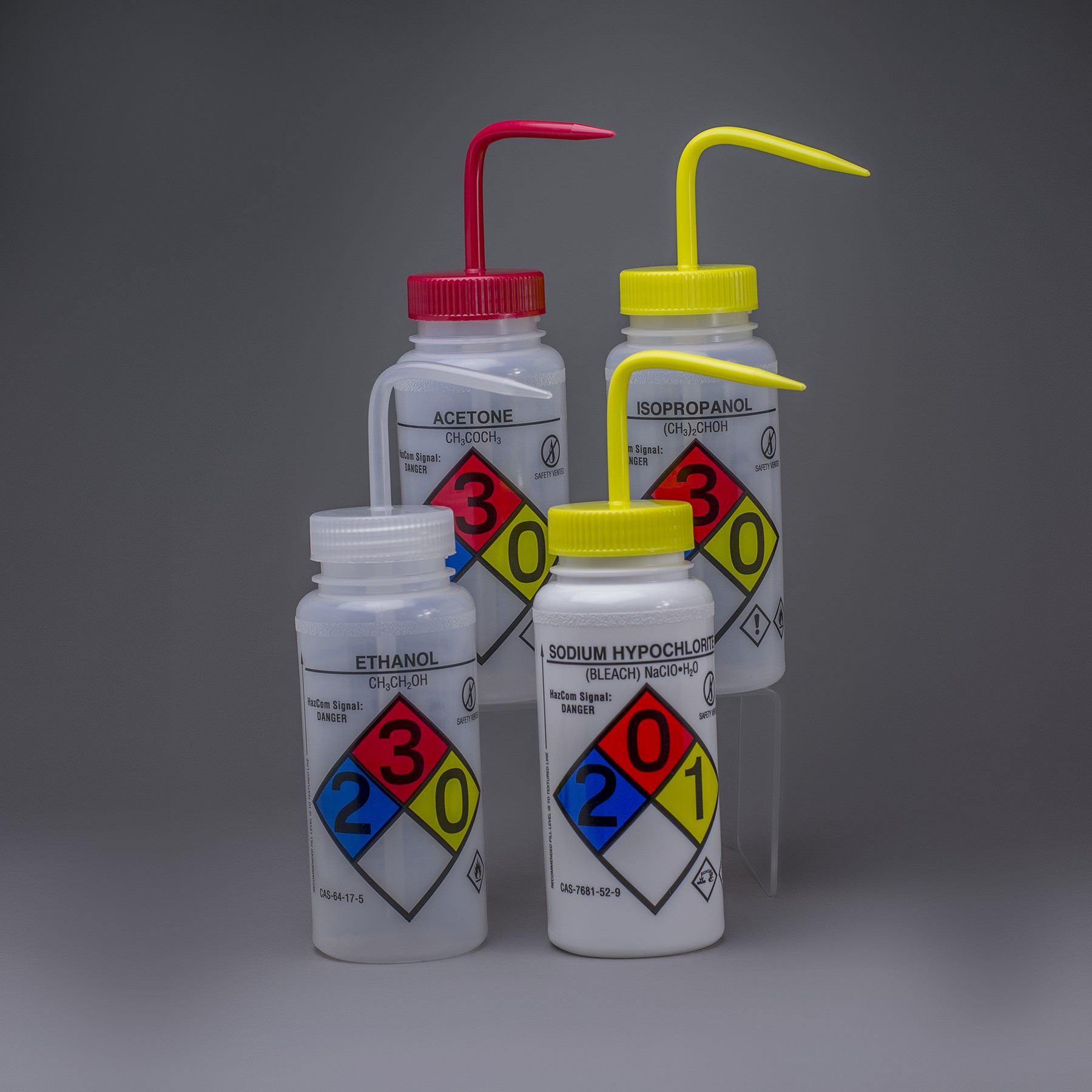 SP Bel-Art GHS Labeled Safety-Vented Assorted Wash Bottles; 500ml (16oz), Polyethylene w/ Polypropylene Cap (Pack of 4)