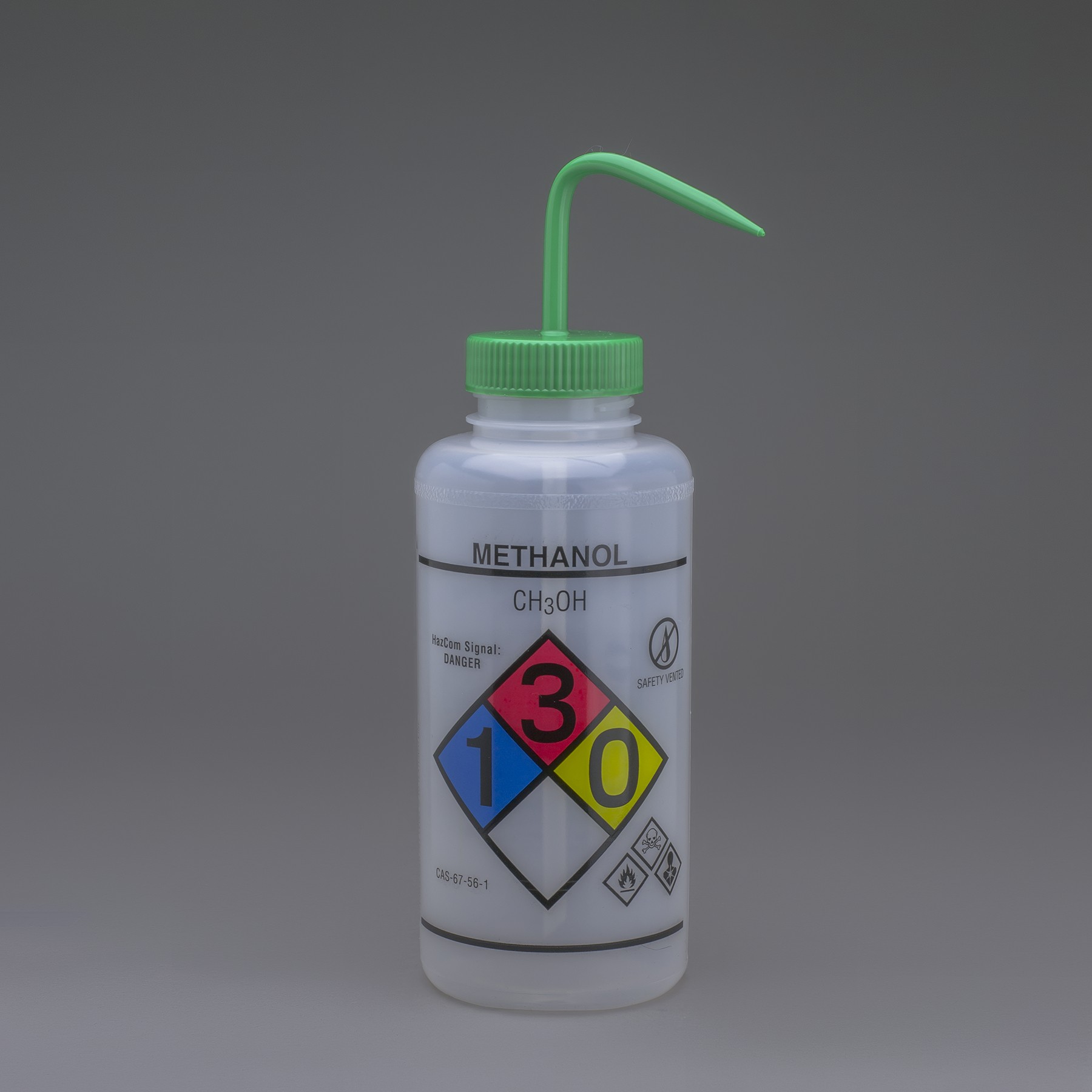 SP Bel-Art GHS Labeled Safety-Vented Methanol Wash Bottles; 1000ml (32oz), Polyethylene w/Green Polypropylene Cap (Pack of 2)