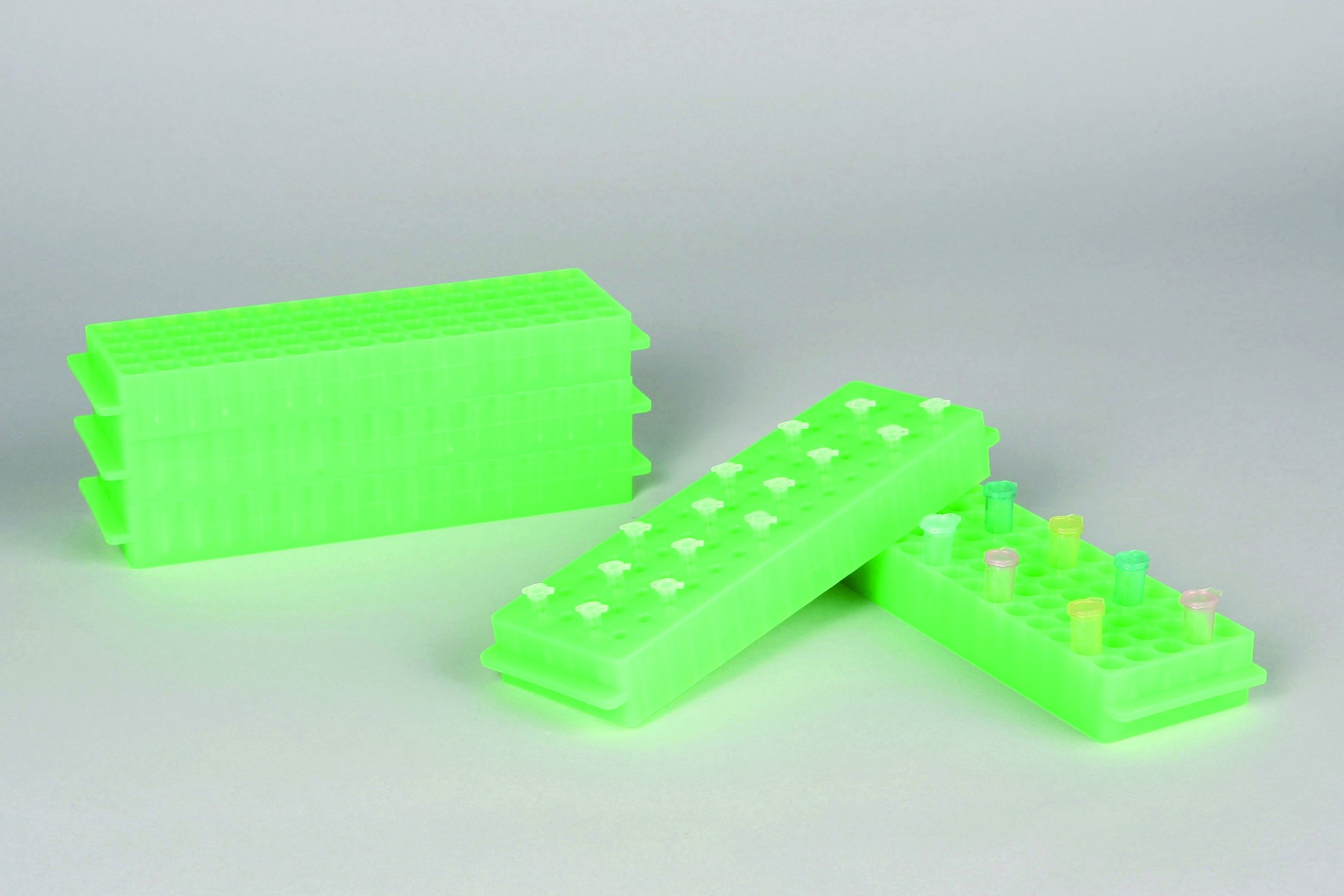 SP Bel-Art Reversible PCR and Microcentrifuge Tube Rack; For 0.2ml or 1.5-2.0ml Tubes, 80 Places, Fluorescent Green (Pack of 5)
