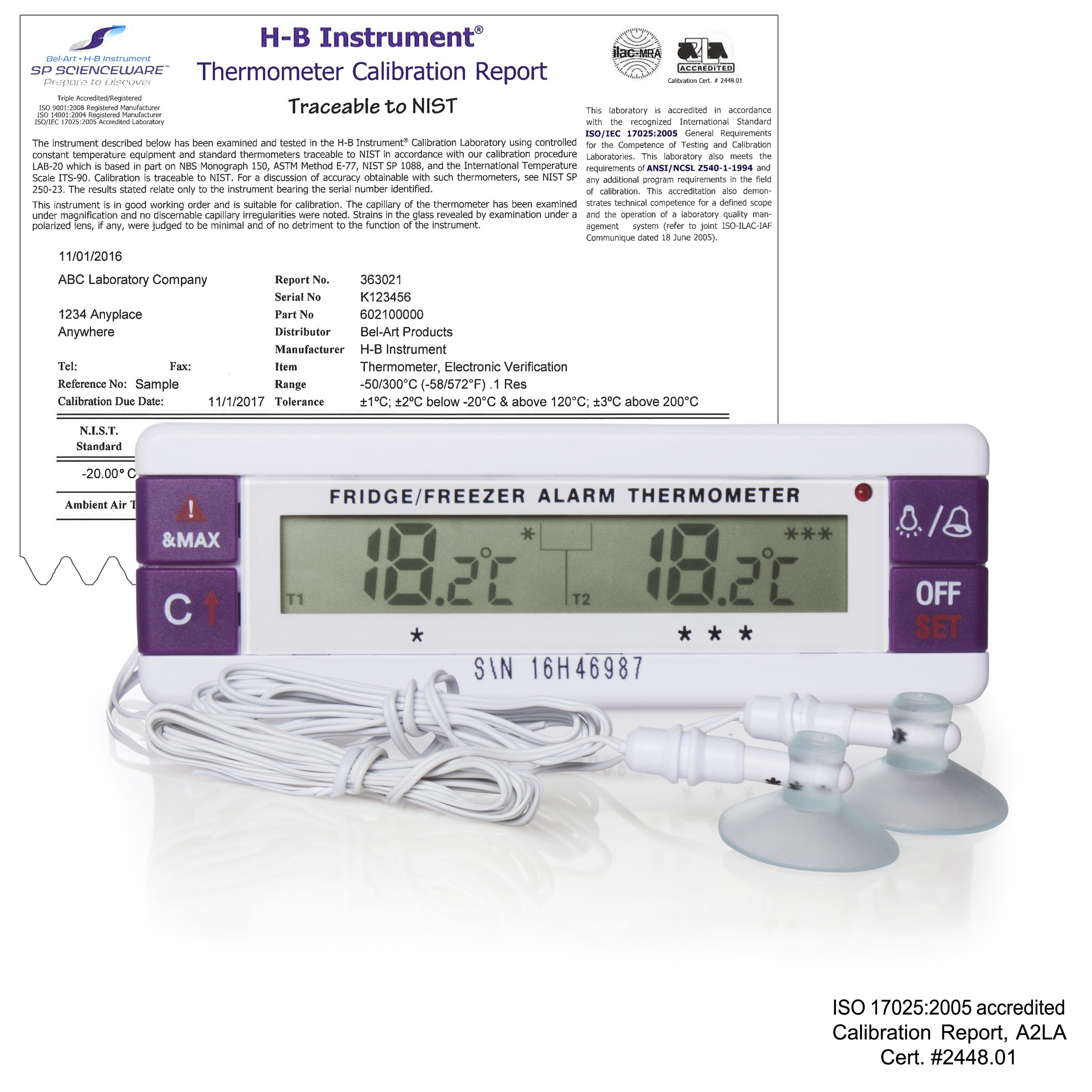 SP Bel-Art, H-B DURAC Calibrated Dual Zone Electronic Thermometer with Waterproof Sensors; -40/70C (-40/158F) External, -40/70C (-40/158F) External, 0C and 22C Zone Calibrations