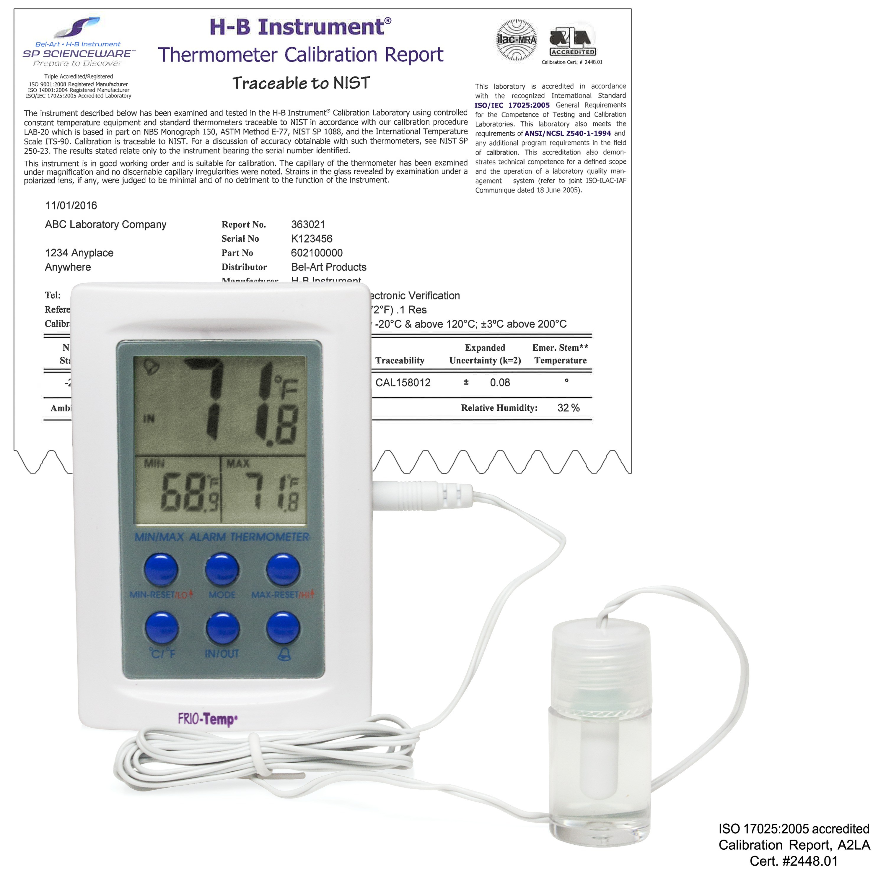 SP Bel-Art, H-B Frio Temp Calibrated Dual Zone Electronic Verification Thermometer; -50/70C (-58/158F) and 0/50C (32/122F), Incubator Calibration