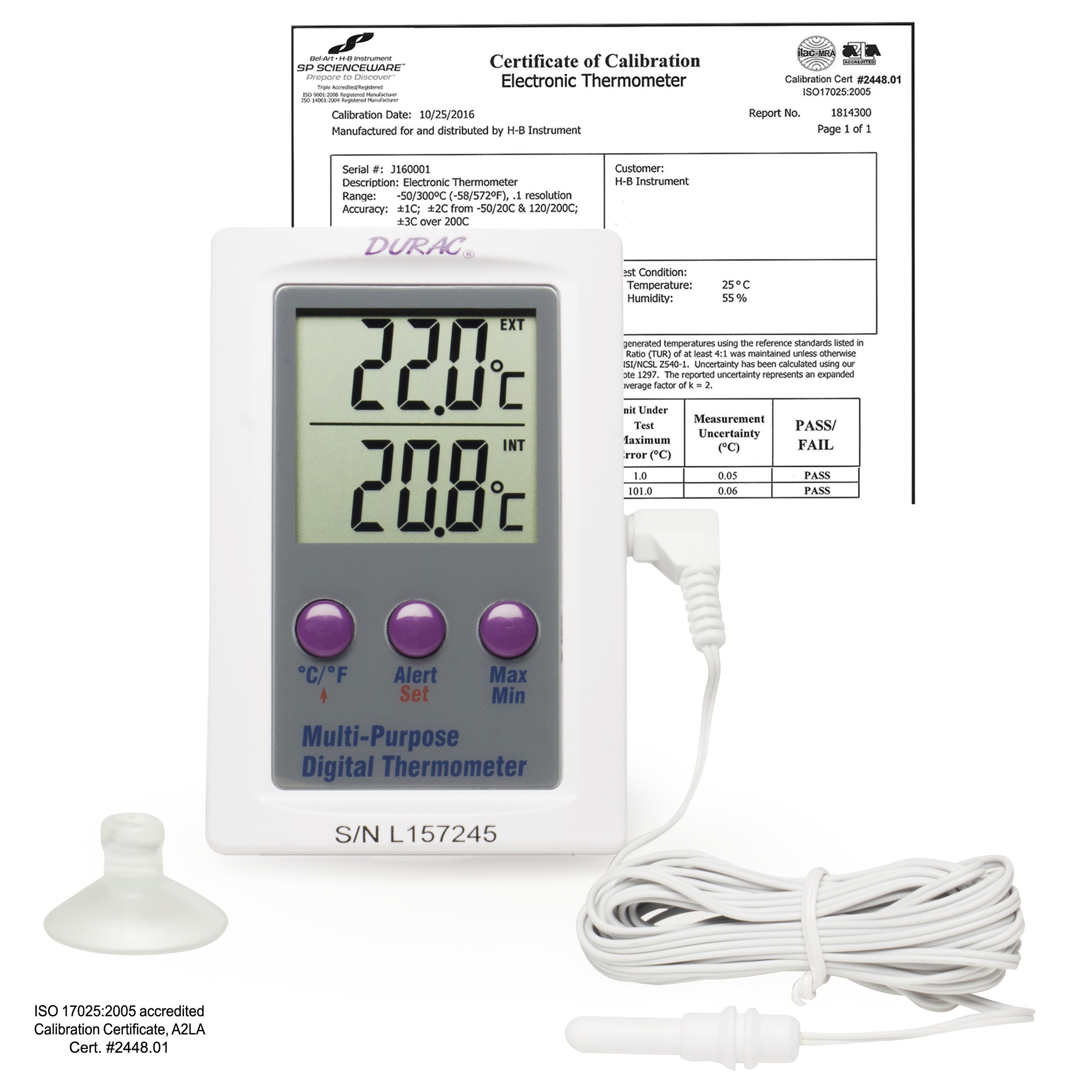 SP Bel-Art, H-B DURAC Calibrated Dual Zone Electronic Thermometer with Waterproof Sensor; -50/70C (-58/158F) External, -20/70C (-4/158F) Internal