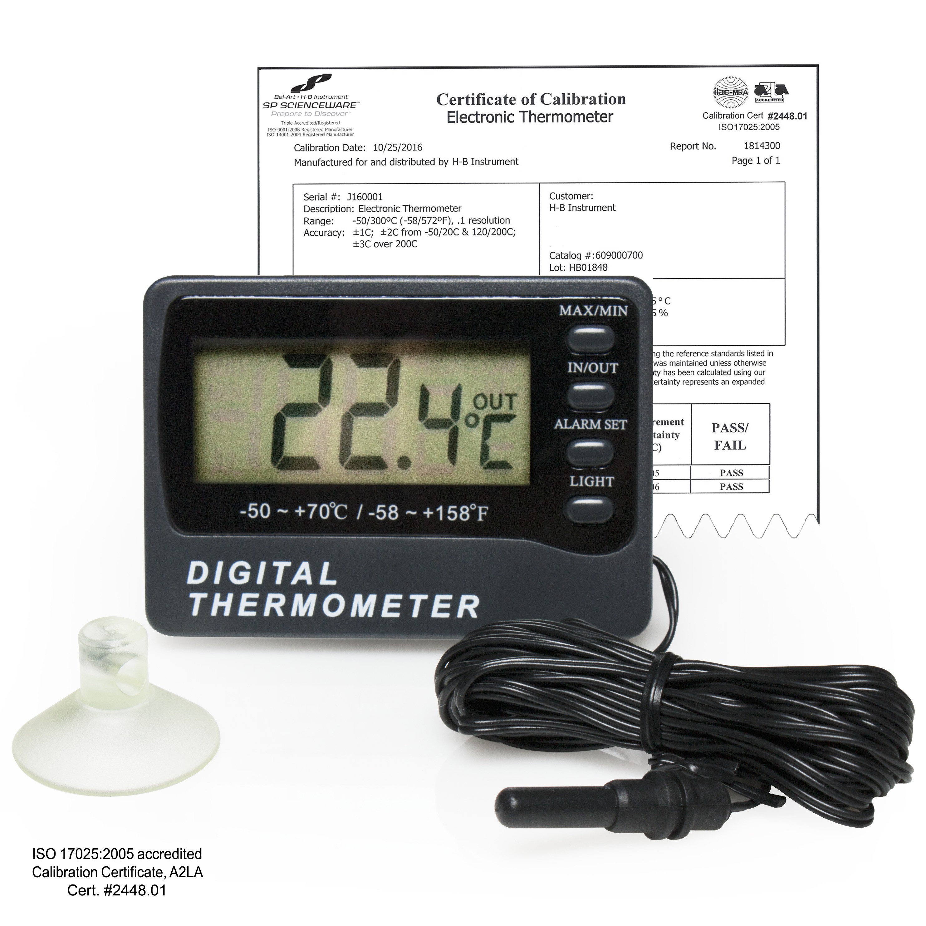 SP Bel-Art, H-B DURAC Calibrated Dual Zone Electronic Thermometer with Waterproof Sensor; -50/70C (-58/158F) External, -10/50C (14/122F) Internal
