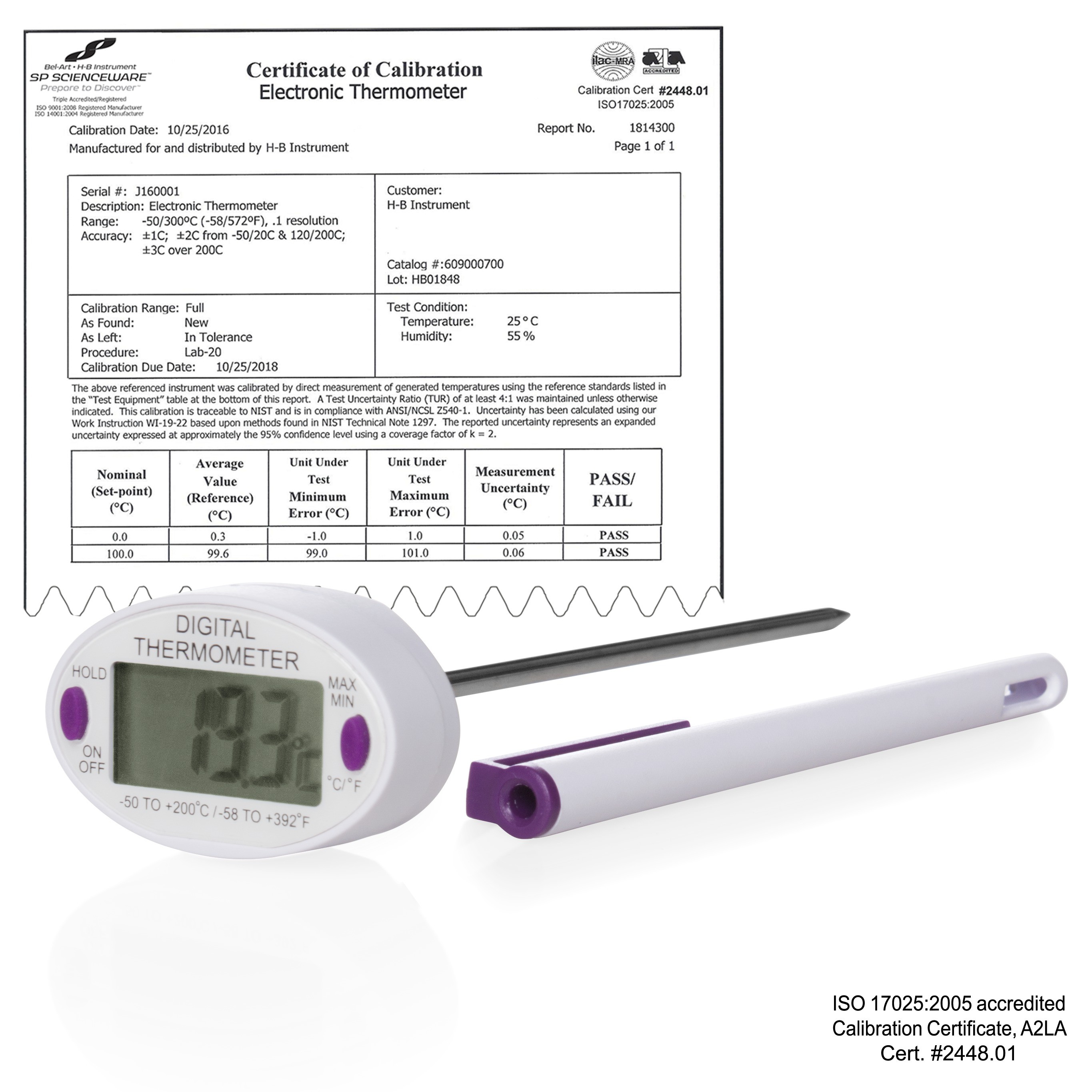 SP Bel-Art, H-B DURAC Calibrated Electronic Stainless Steel Stem Thermometer, -50/200C (-58/392F), 127mm (5 in.) Probe