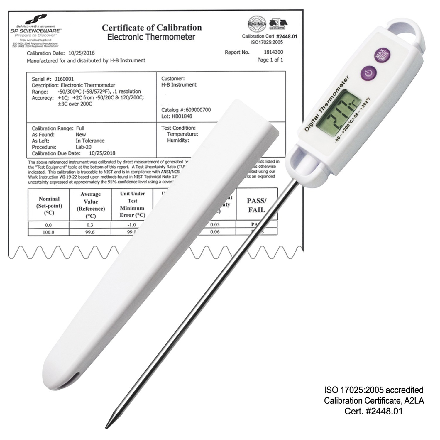 SP Bel-Art, H-B DURAC Calibrated Electronic Stainless Steel Stem Thermometer, -50/200C (-58/392F), 127mm (5 in.) Probe