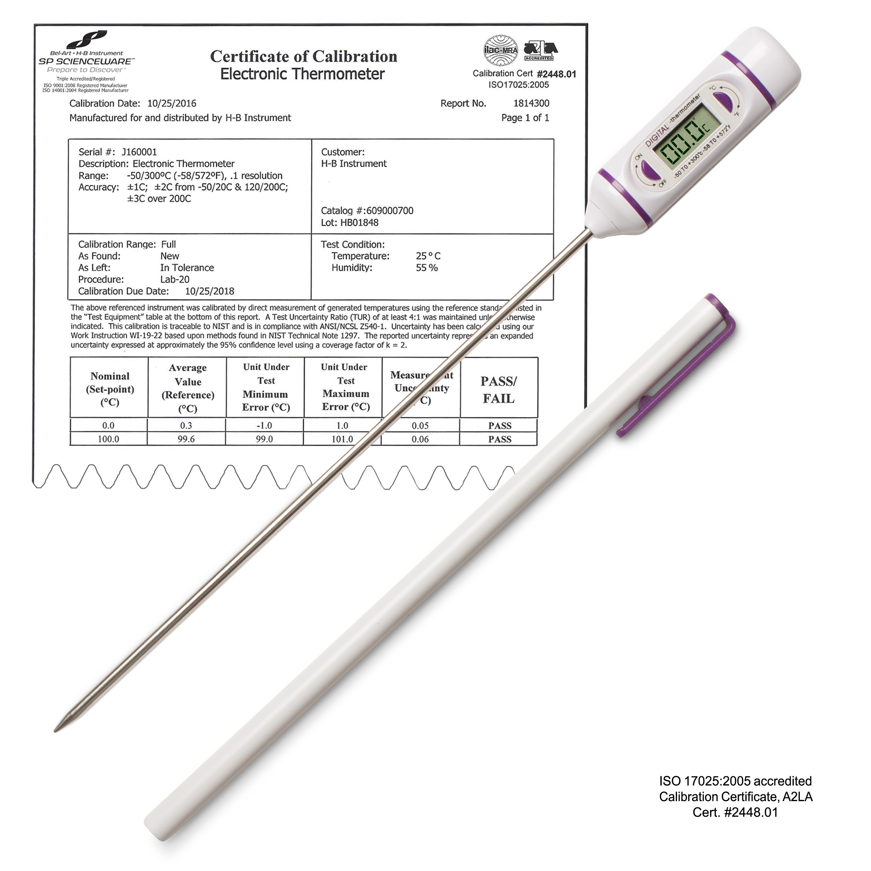 SP Bel-Art, H-B DURAC Calibrated Electronic Stainless Steel Stem Thermometer, -50/300C (-58/572F), 197mm (7.75 in.) Probe