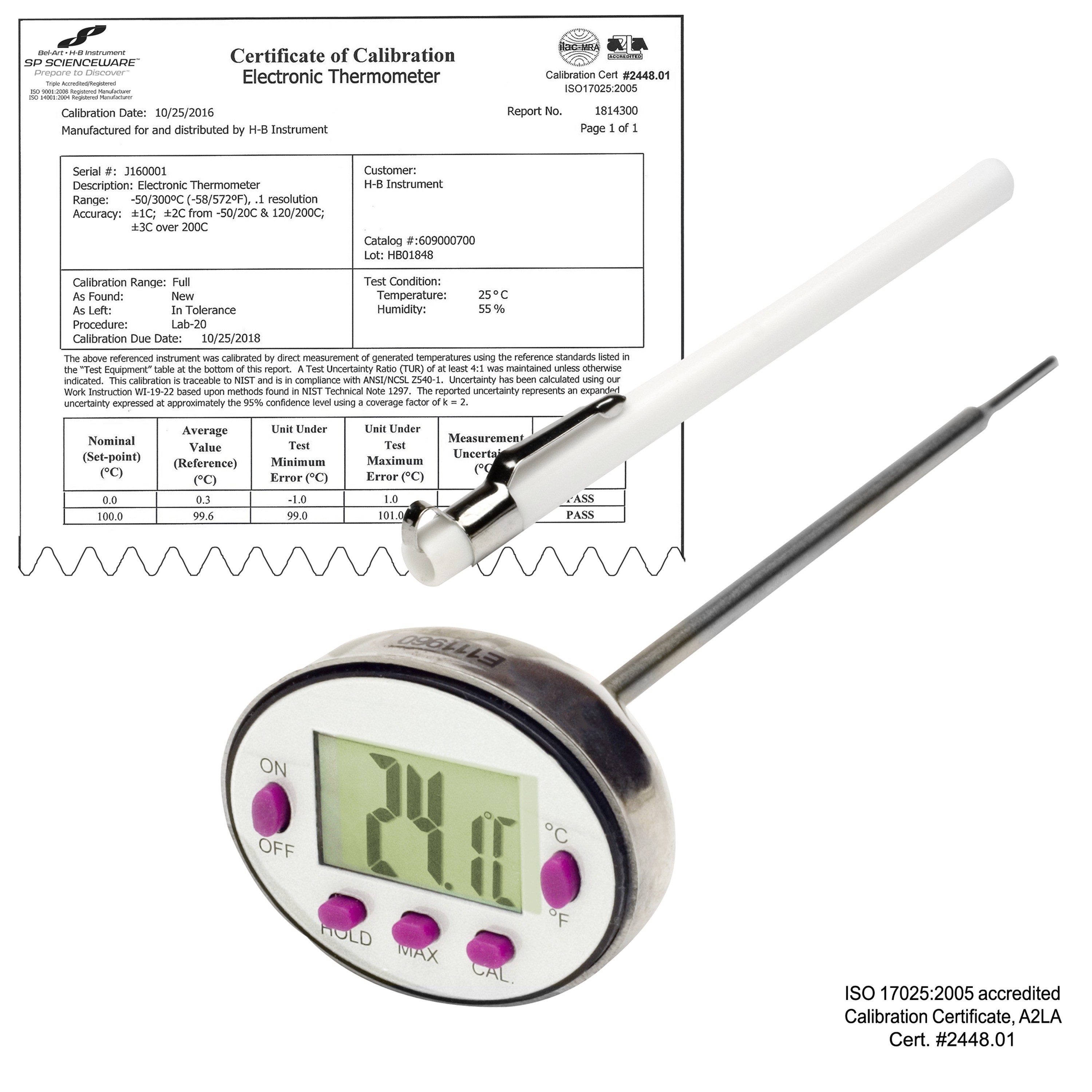 SP Bel-Art, H-B DURAC Calibrated Electronic Stainless Steel Stem Thermometer, -40/232C (-40/450F), 127mm (5 in.) Probe