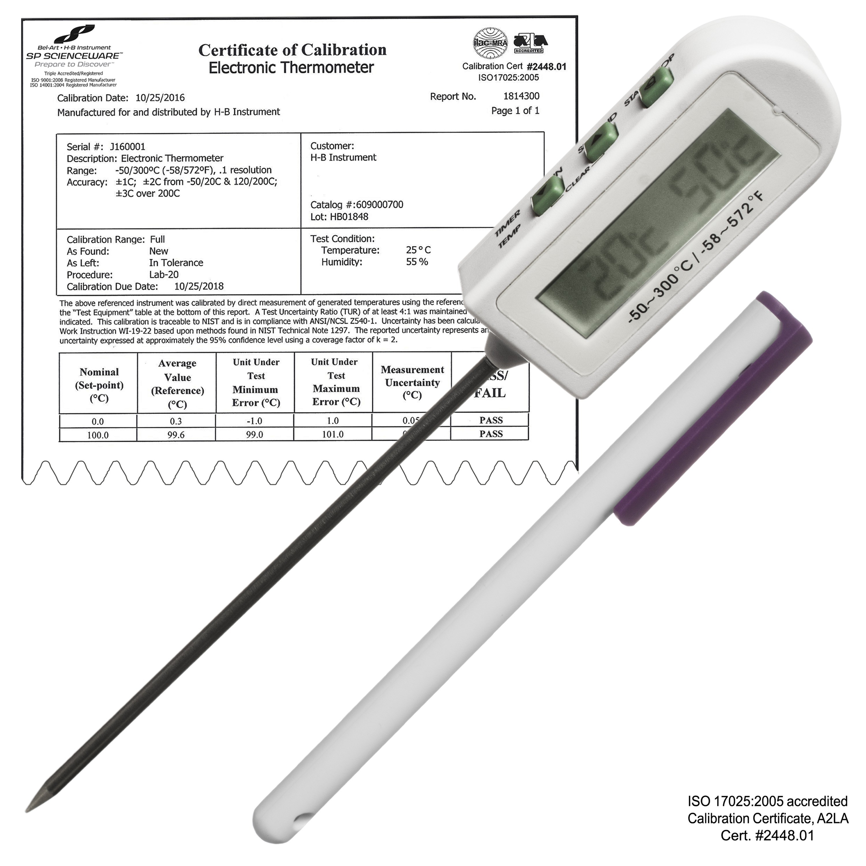 SP Bel-Art, H-B DURAC Calibrated Electronic Stainless Steel Stem Thermometer, -50/300C (-58/572F), 127mm (5 in.) Probe