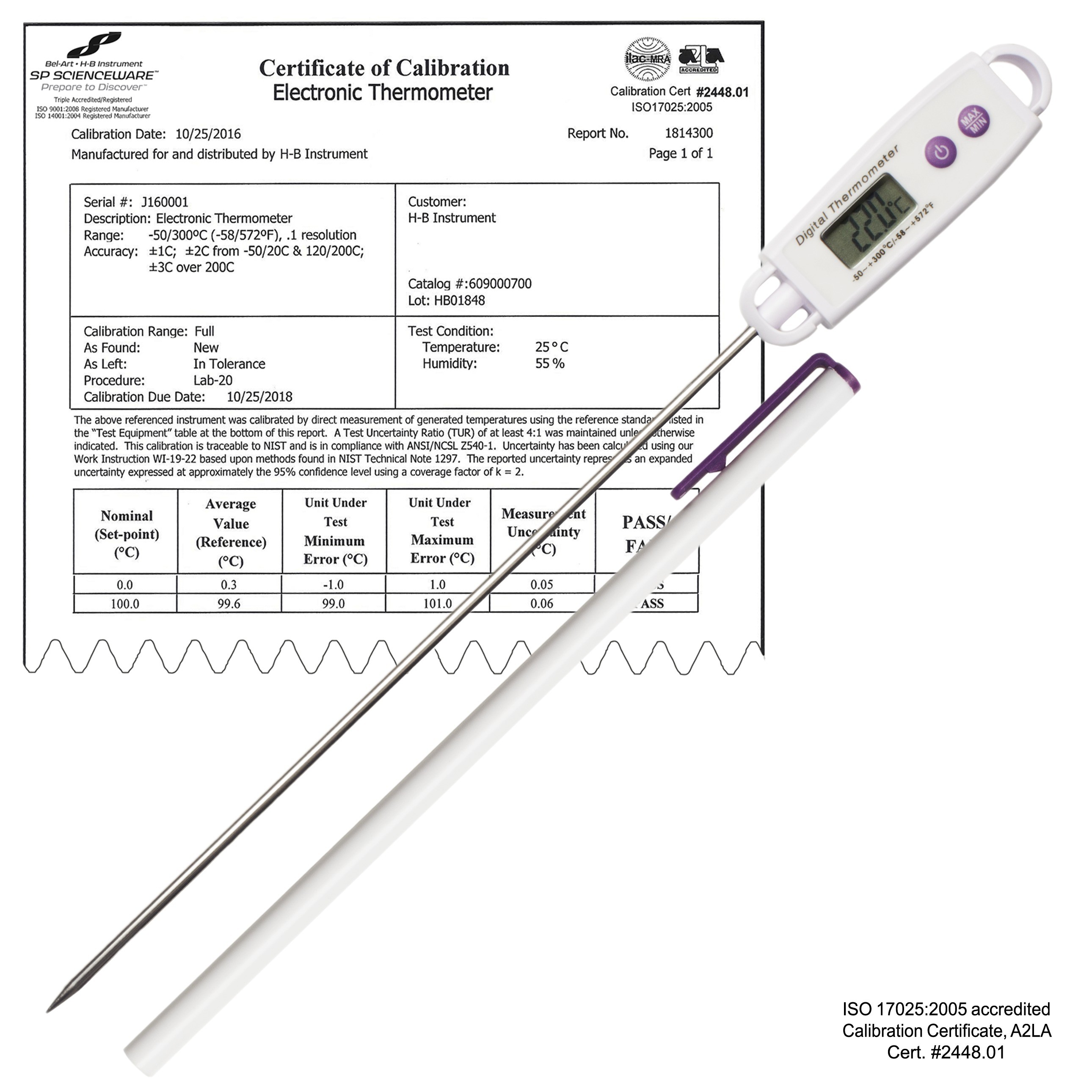 SP Bel-Art, H-B DURAC Calibrated Electronic Stainless Steel Stem Thermometer, -50/300C (-58/572F), 197mm (7.75 in.) Probe