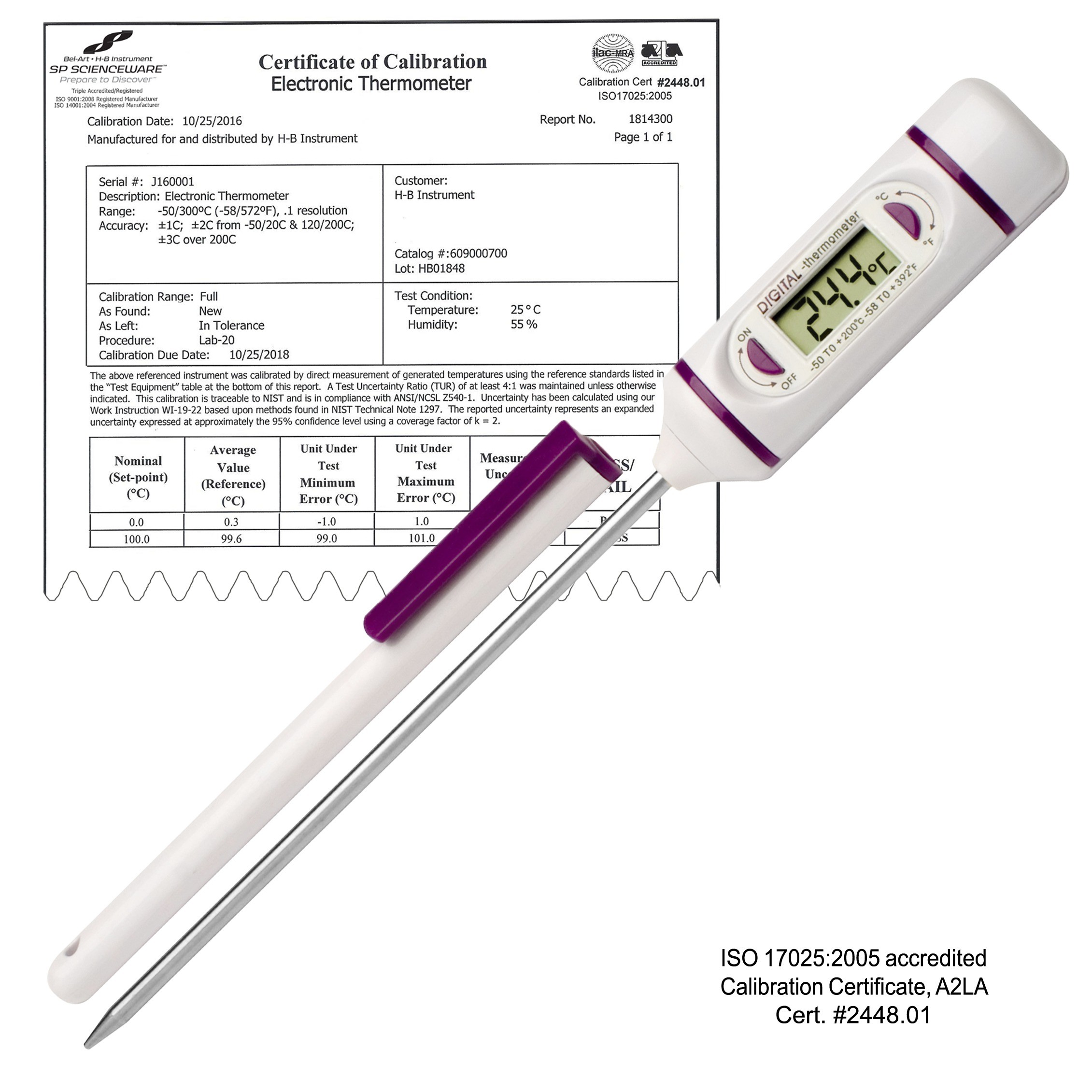 SP Bel-Art, H-B DURAC Calibrated Electronic Stainless Steel Stem Thermometer, -50/200C (-58/392F), 120mm (4.7 in.) Probe