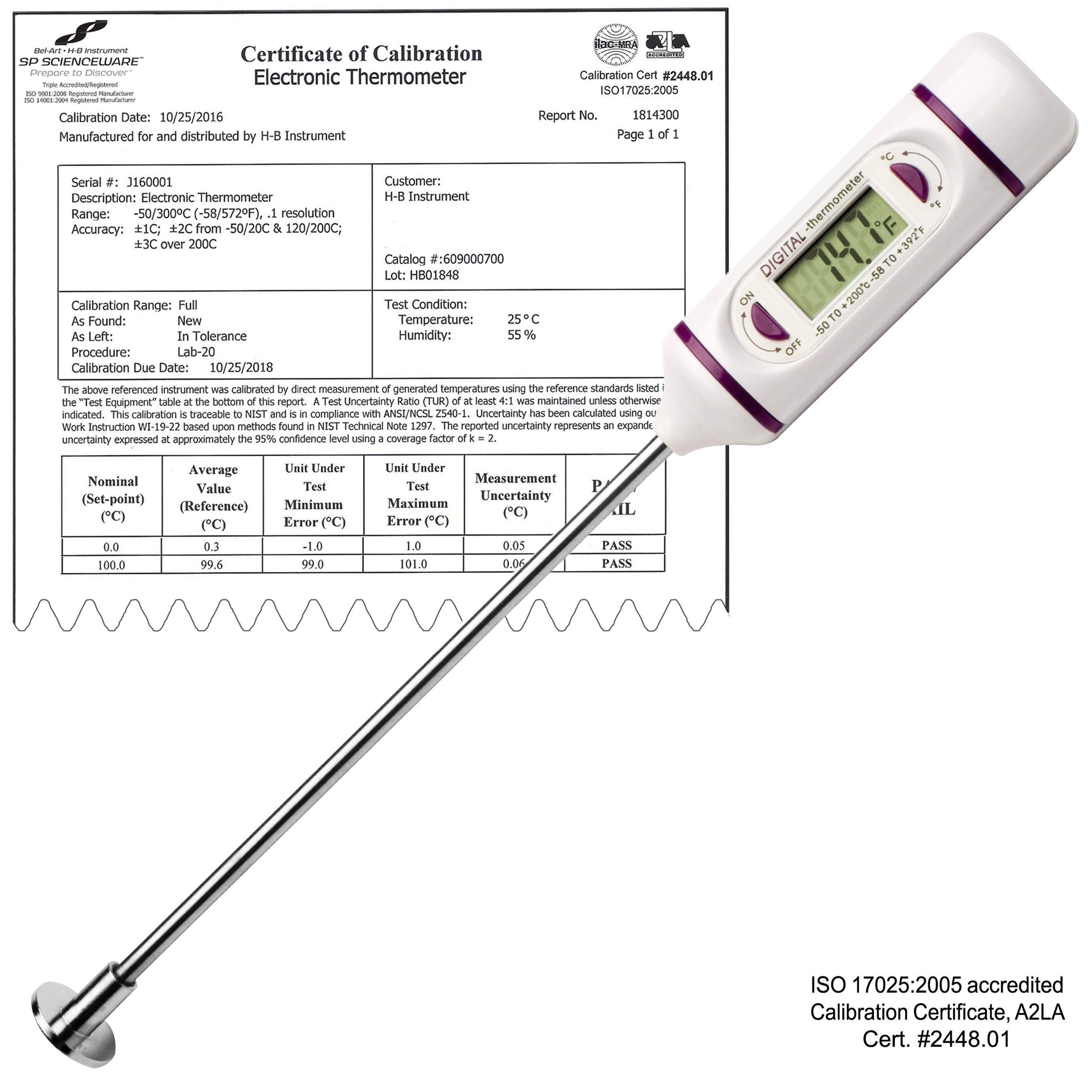 SP Bel-Art, H-B DURAC Calibrated Electronic Stainless Steel Stem Thermometer, -50/200C (-58/392F), 120mm (4.7 in.) Flat Surface Probe