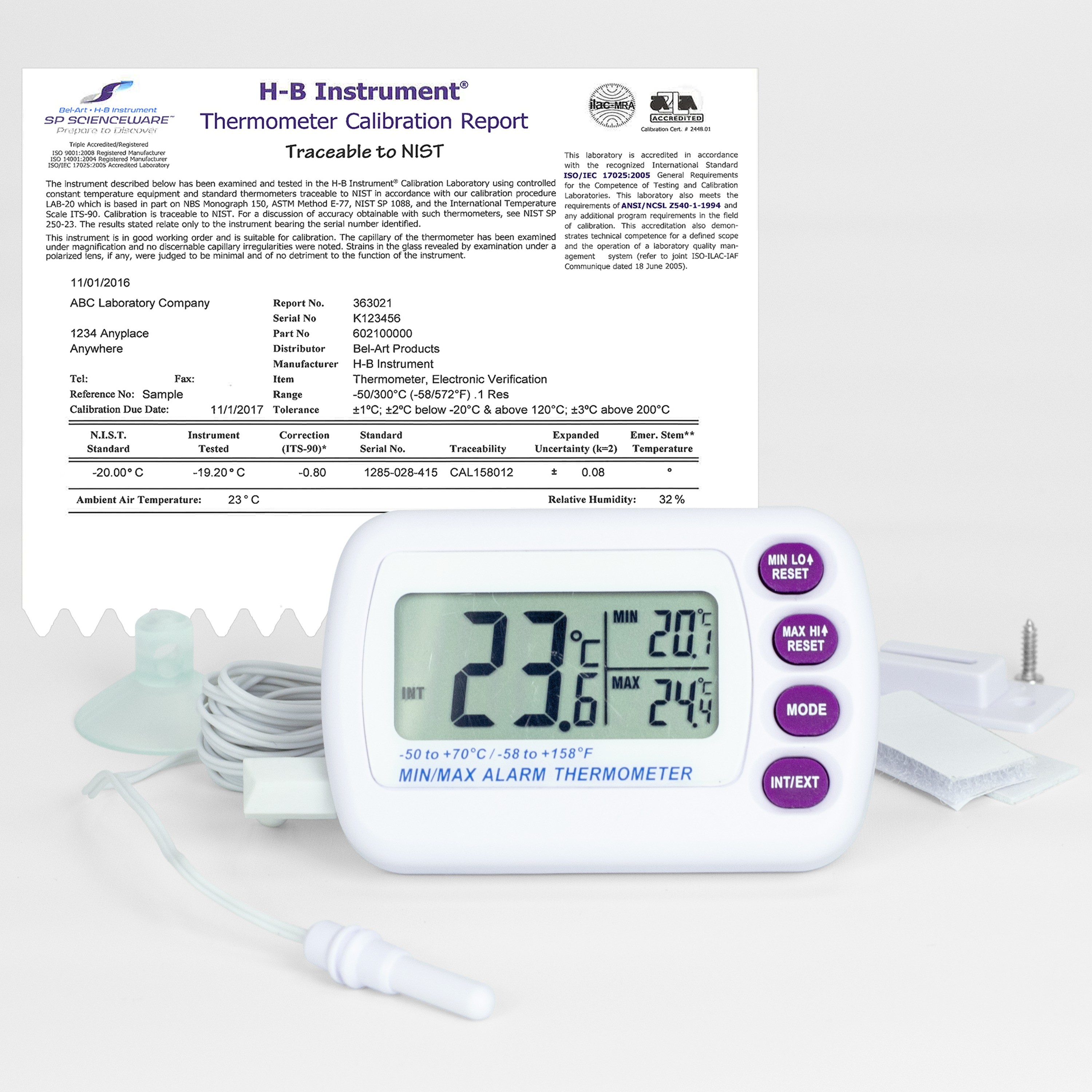 SP Bel-Art, SP Bel-Art, H-B DURAC Calibrated Electronic Thermometer with  Waterproof Sensor; -50/70C (-58/158F), 52 x 17mm