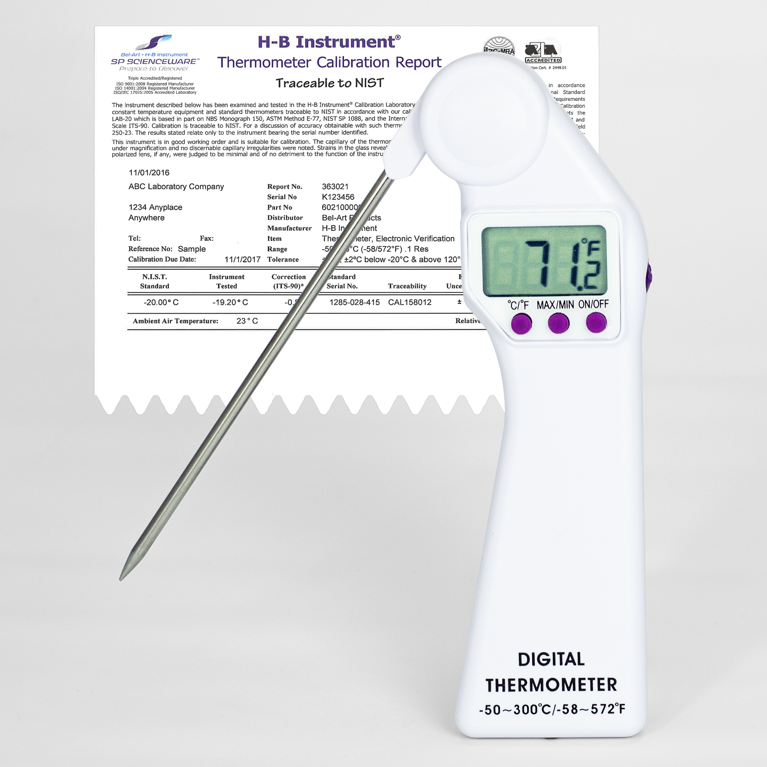 SP Bel-Art, SP Bel-Art, H-B DURAC Calibrated Electronic Thermometer with  Stainless Steel Probe; -50/300C (-58/572F), 160 x 21mm