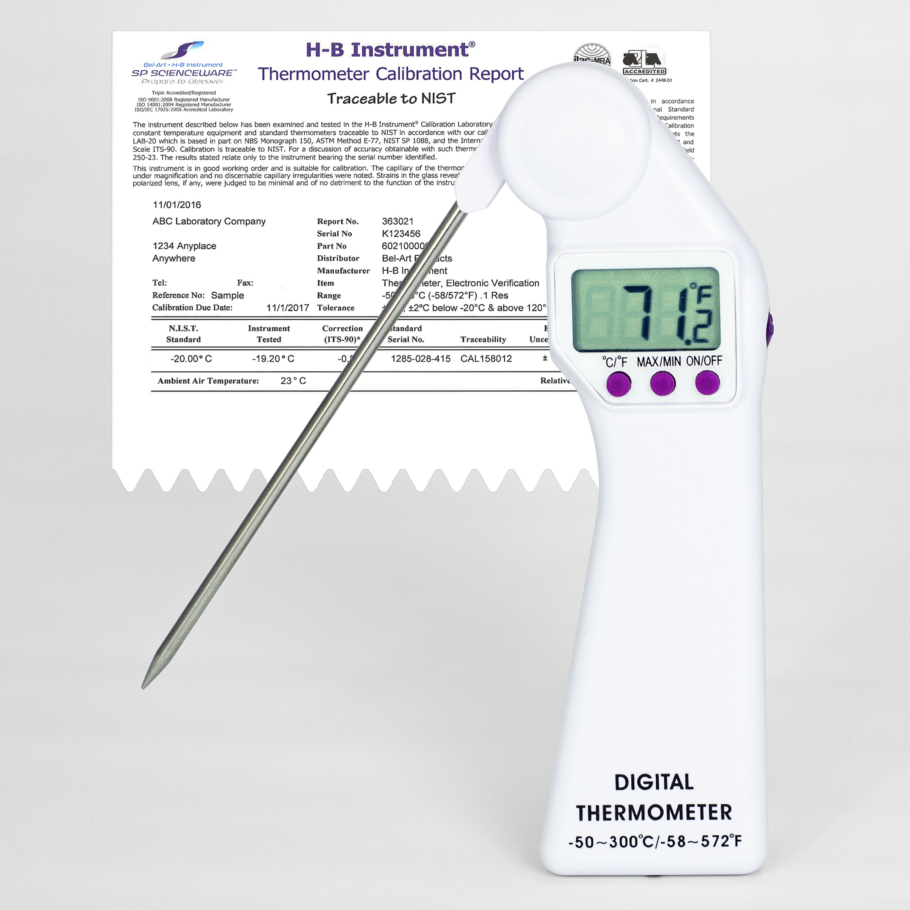 SP Bel-Art, H-B DURAC Calibrated Electronic Thermometer with Stainless Steel Probe; -50/300C (-58/572F), 160 x 21mm