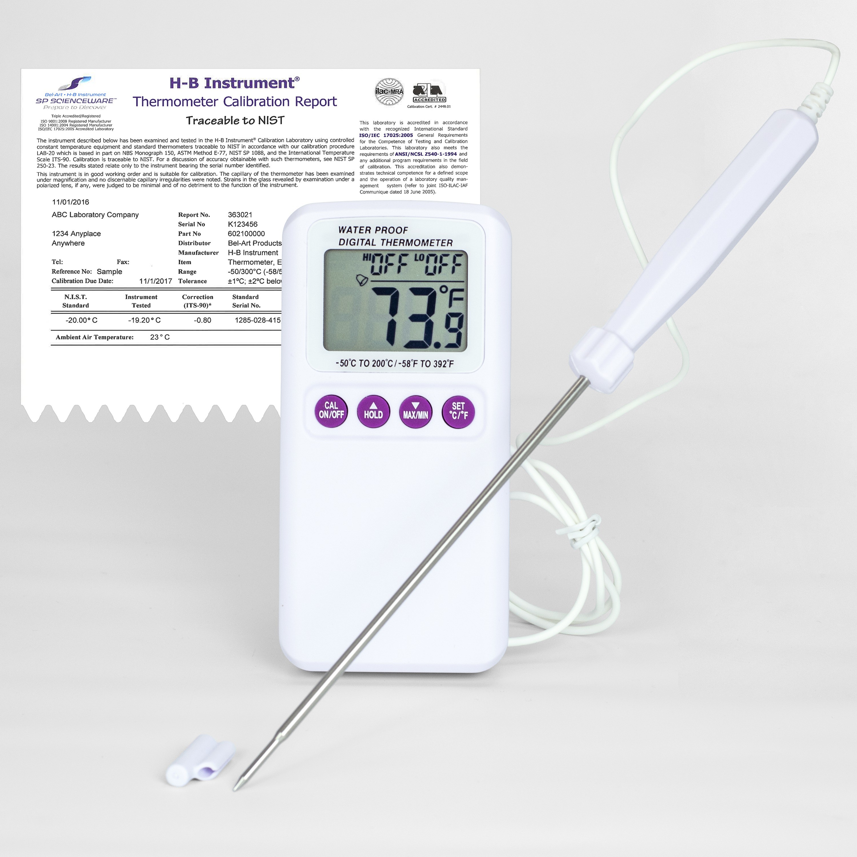 SP Bel-Art, H-B DURAC Calibrated Electronic Thermometer with Stainless Steel Probe; -50/200C (-58/392F), 135 x 22mm