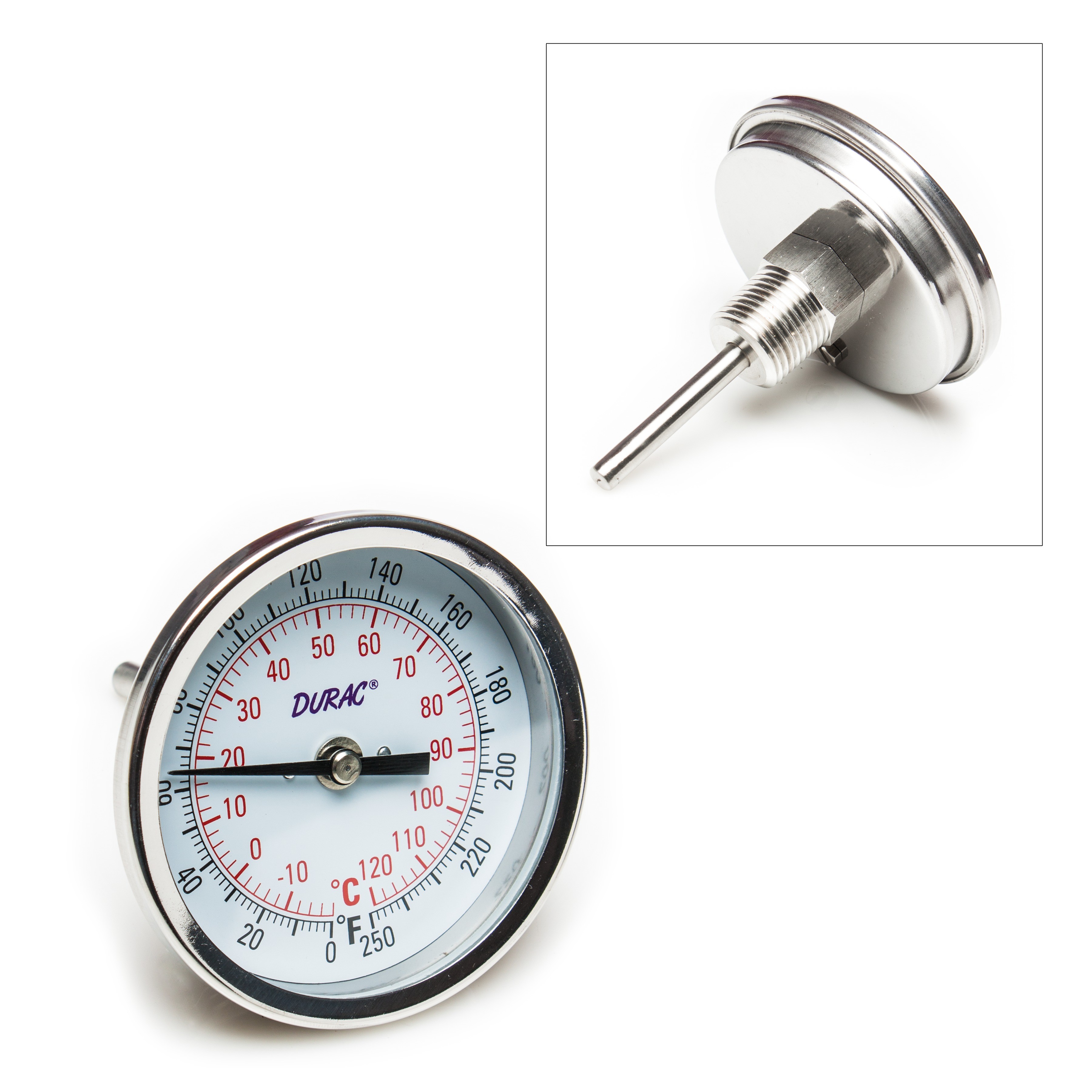 SP Bel-Art, H-B DURAC Bi-Metallic Dial Thermometer; -20 to 120C (0 to 250F), 1/2 in. NPT Threaded Connection, 75mm Dial