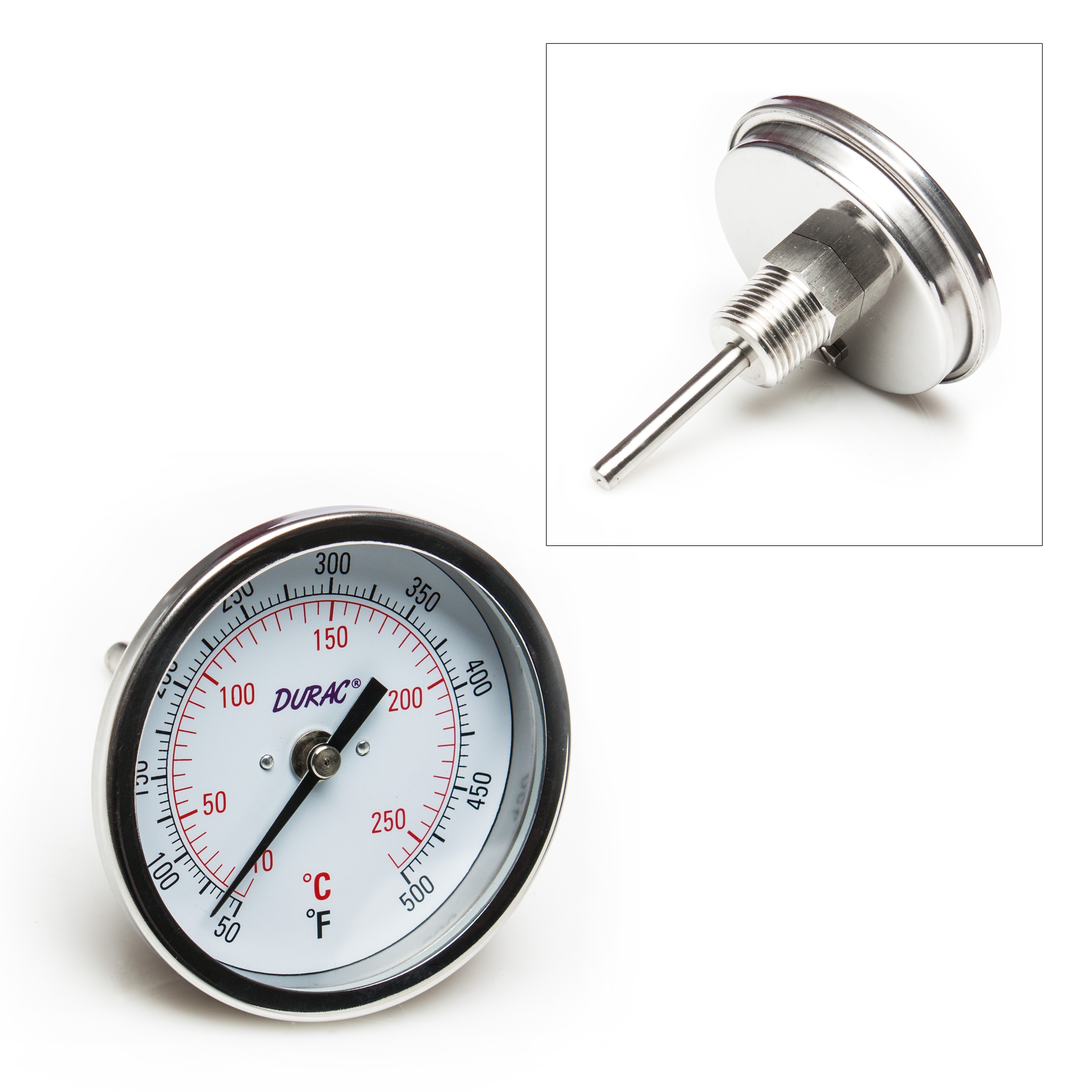 SP Bel-Art, H-B DURAC Bi-Metallic Dial Thermometer; 10 to 260C (50 to 500F), 1/2 in. NPT Threaded Connection, 75mm Dial