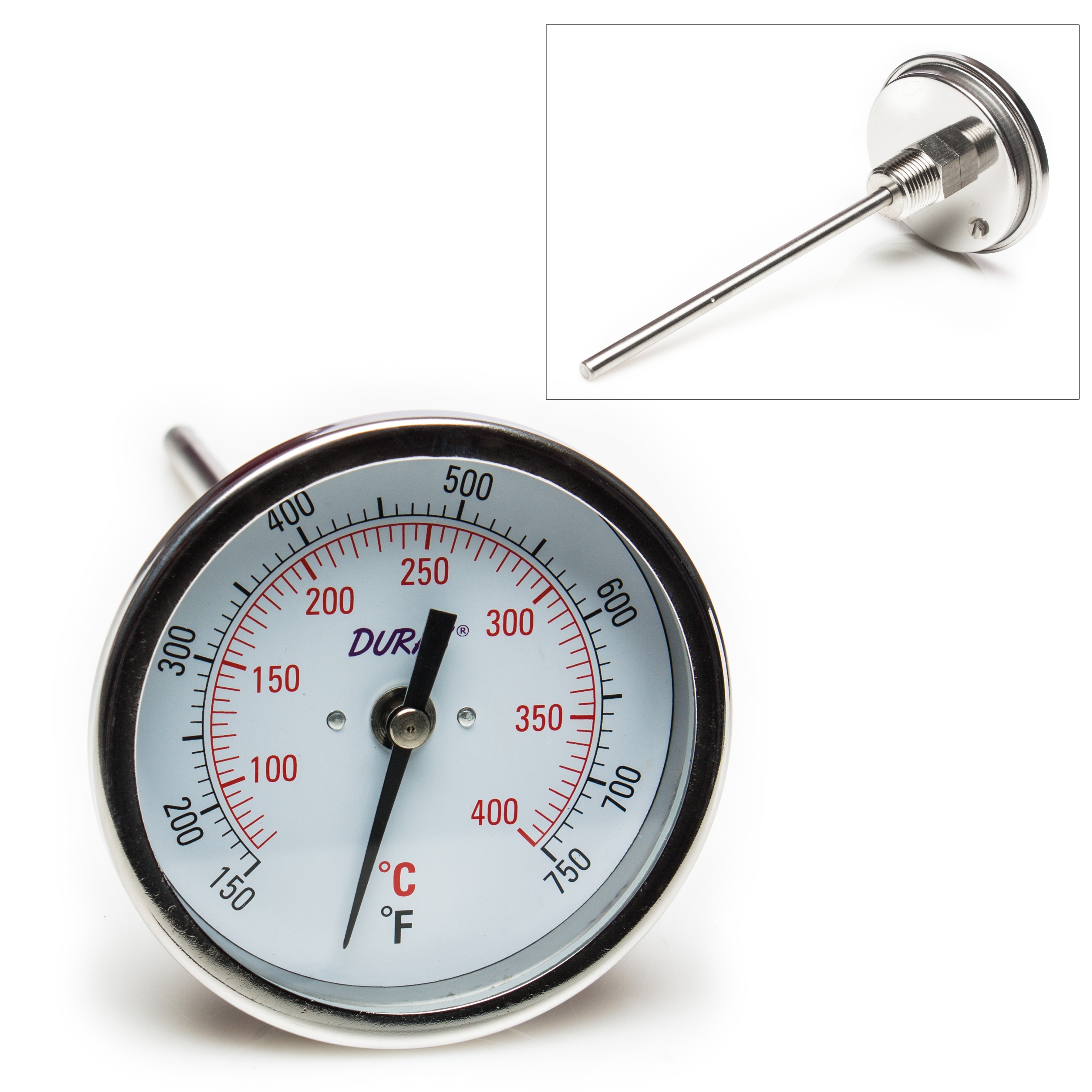 SP Bel-Art, H-B DURAC Bi-Metallic Dial Thermometer; 70 to 400C (150 to 750F), 1/2 in. NPT Threaded Connection, 75mm Dial